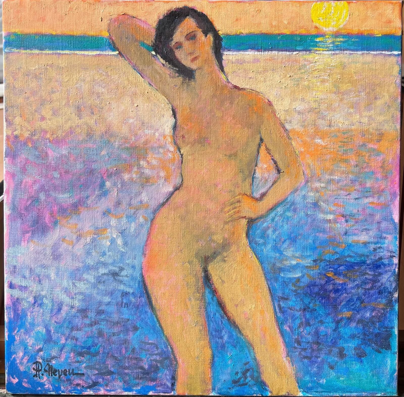 Pierre Neveusigned French Modernist Oil Painting Nude Woman Standing On Sunset Beach photo furniture