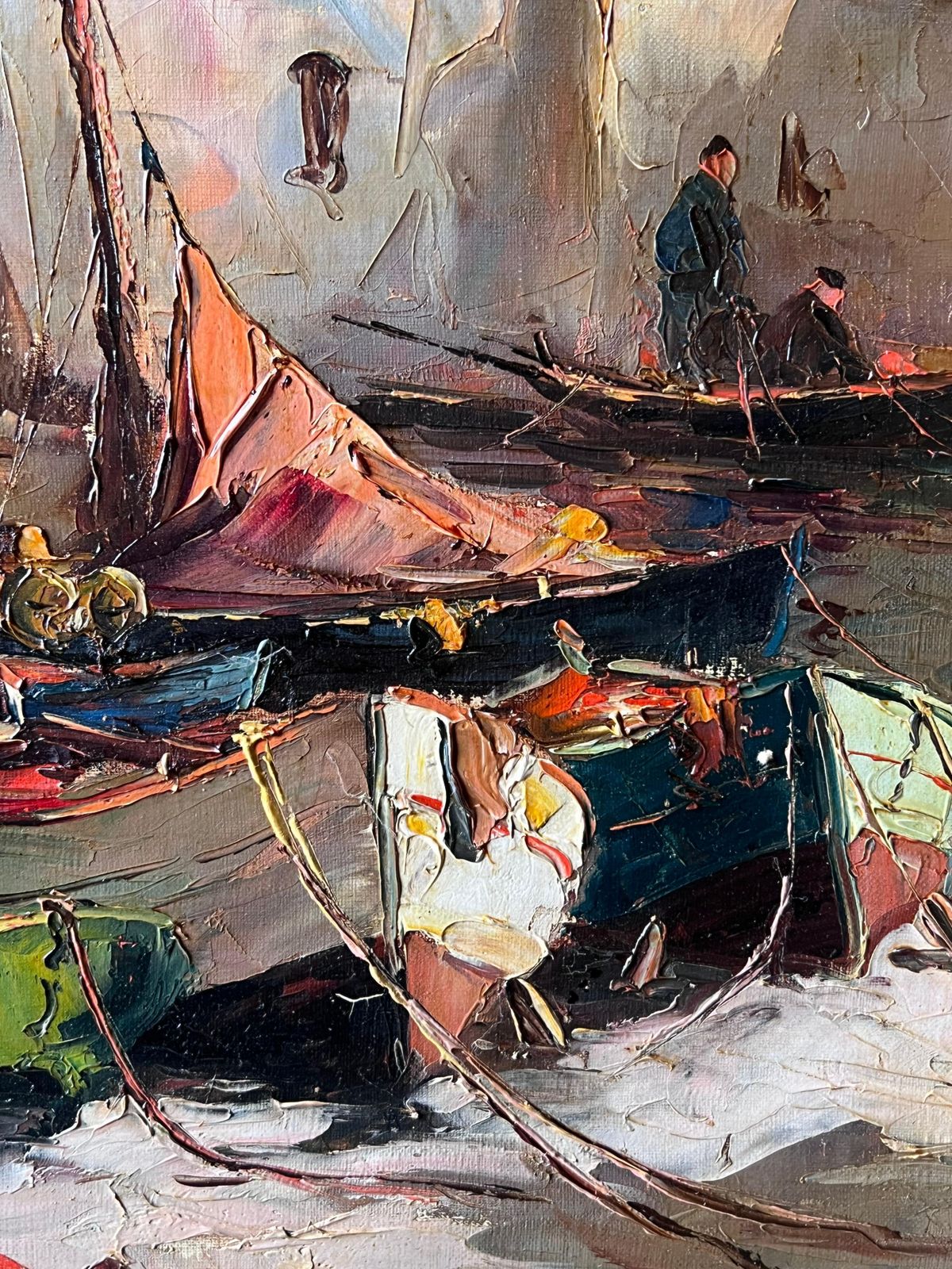 Antique Frenchvintage French Signed Oil Painting Sleepy Boats In Mediterranean Fishing Harbor photo for sale