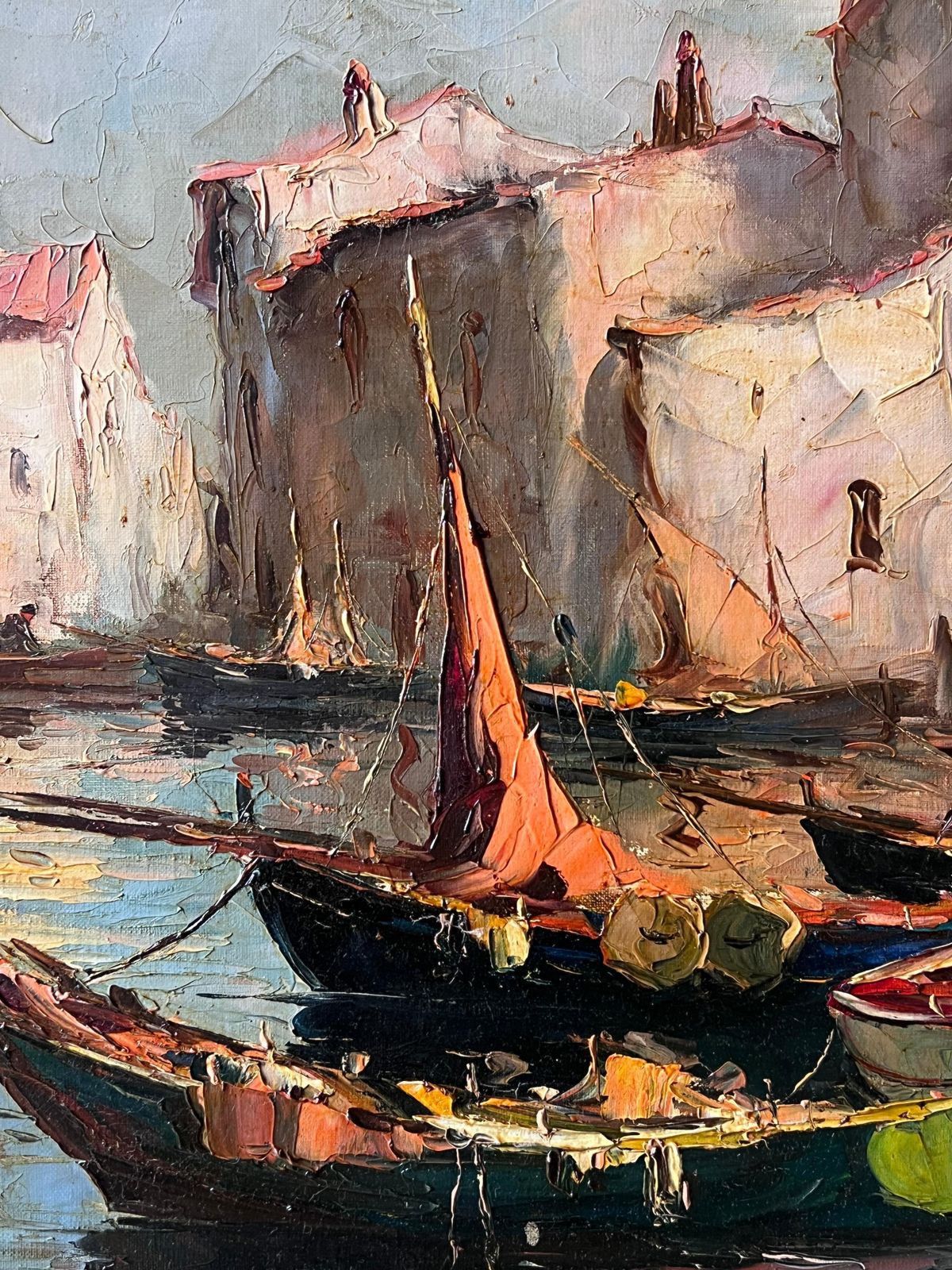 Antique Frenchvintage French Signed Oil Painting Sleepy Boats In Mediterranean Fishing Harbor photo vinterior