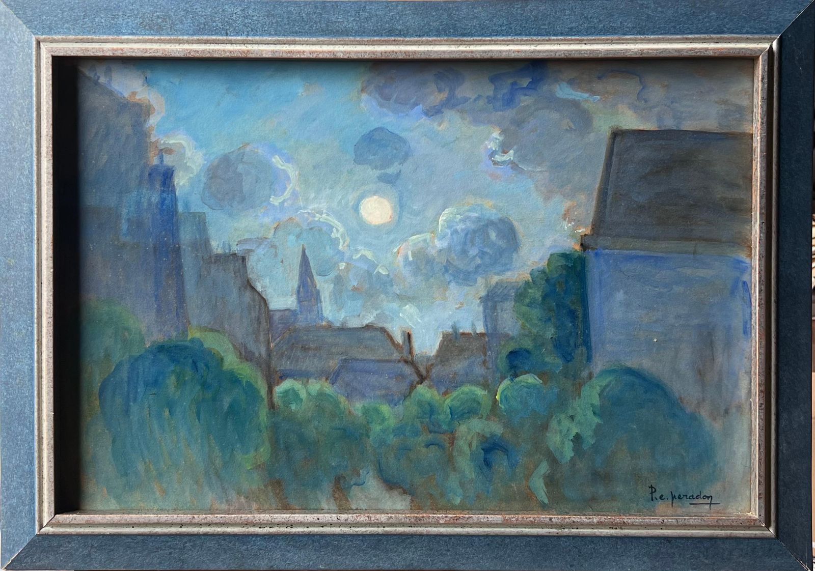 Pierre Edmond Peradon20th Century French Modernist Signed Oil Painting Moonlit French Town Rooftops