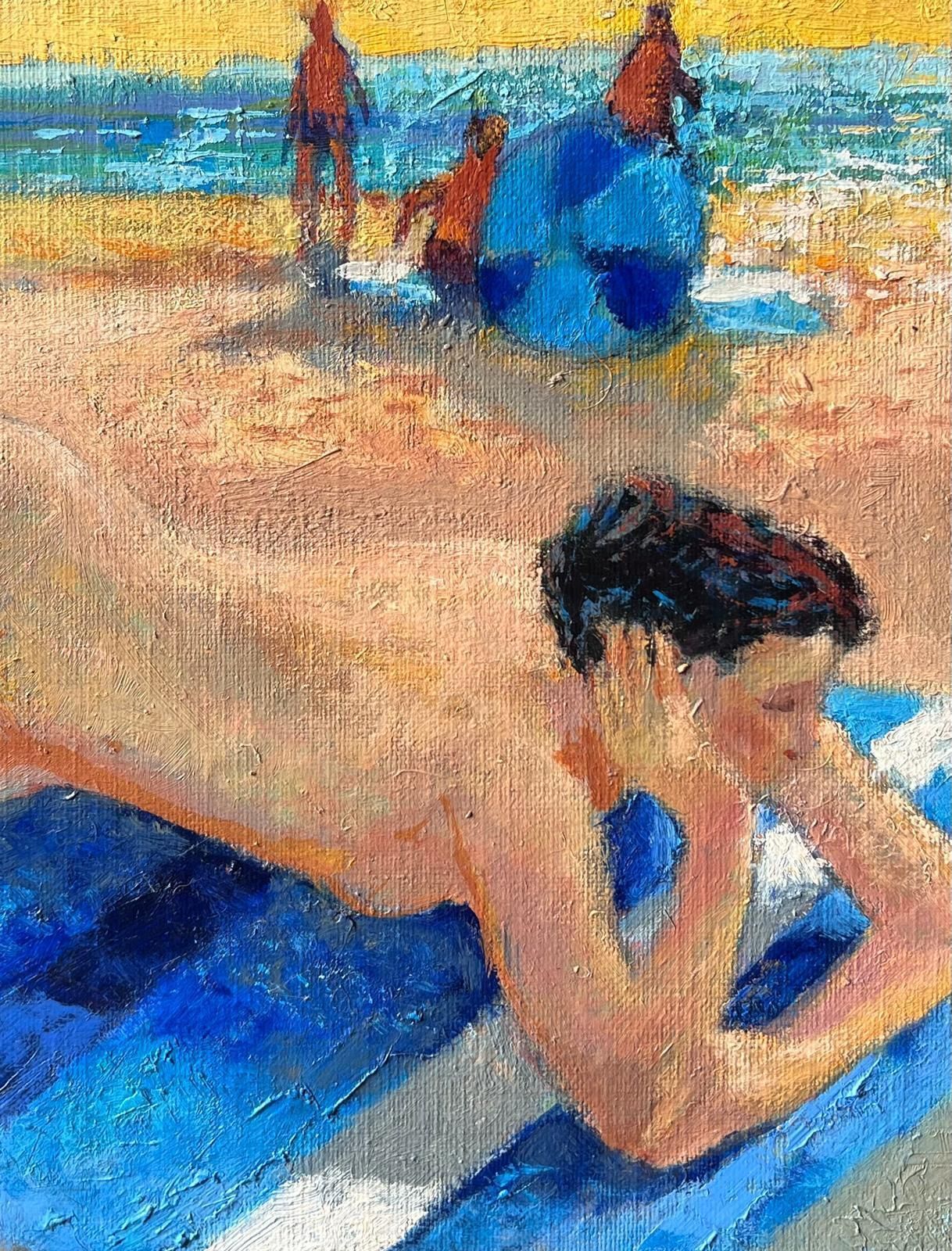 Pierre Neveusigned French Contemporary Oil Painting Nude Woman Sunbathing On Beach photo for sale