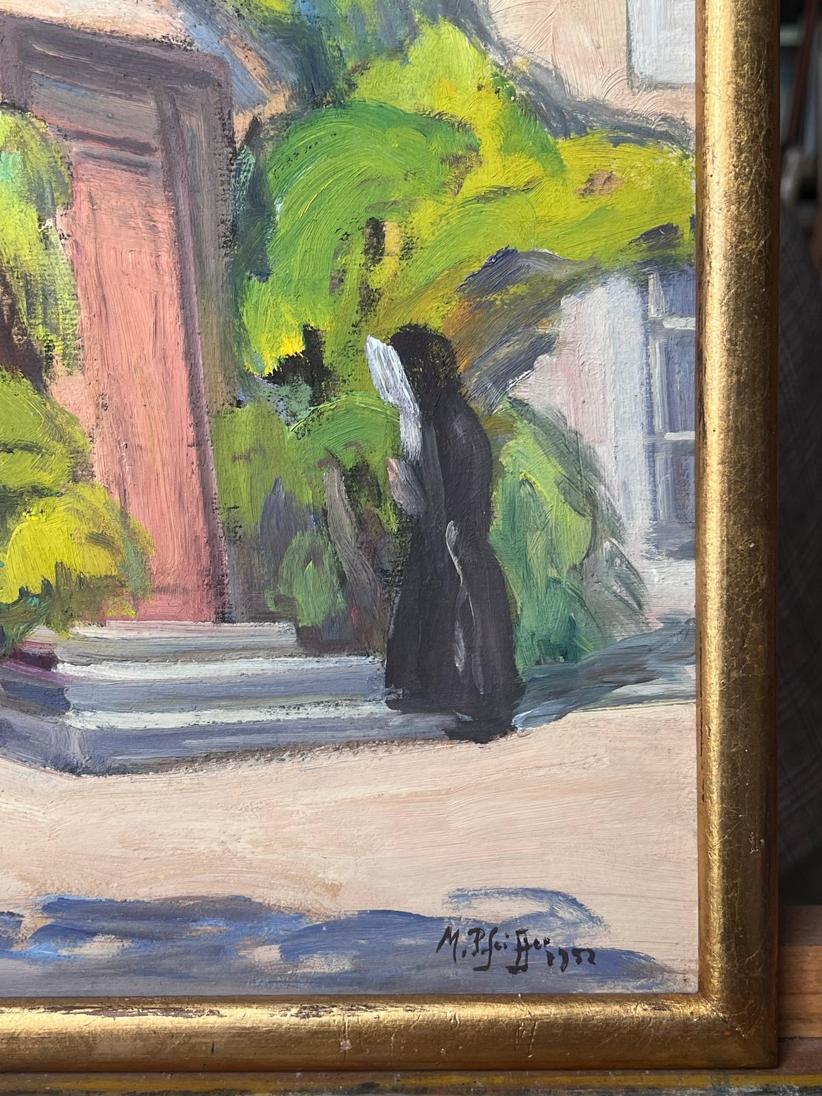 Mid Century French1950's French Signed Oil Painting Figures Outside Old Convent Doorway Lush Green1952 photo 702.0