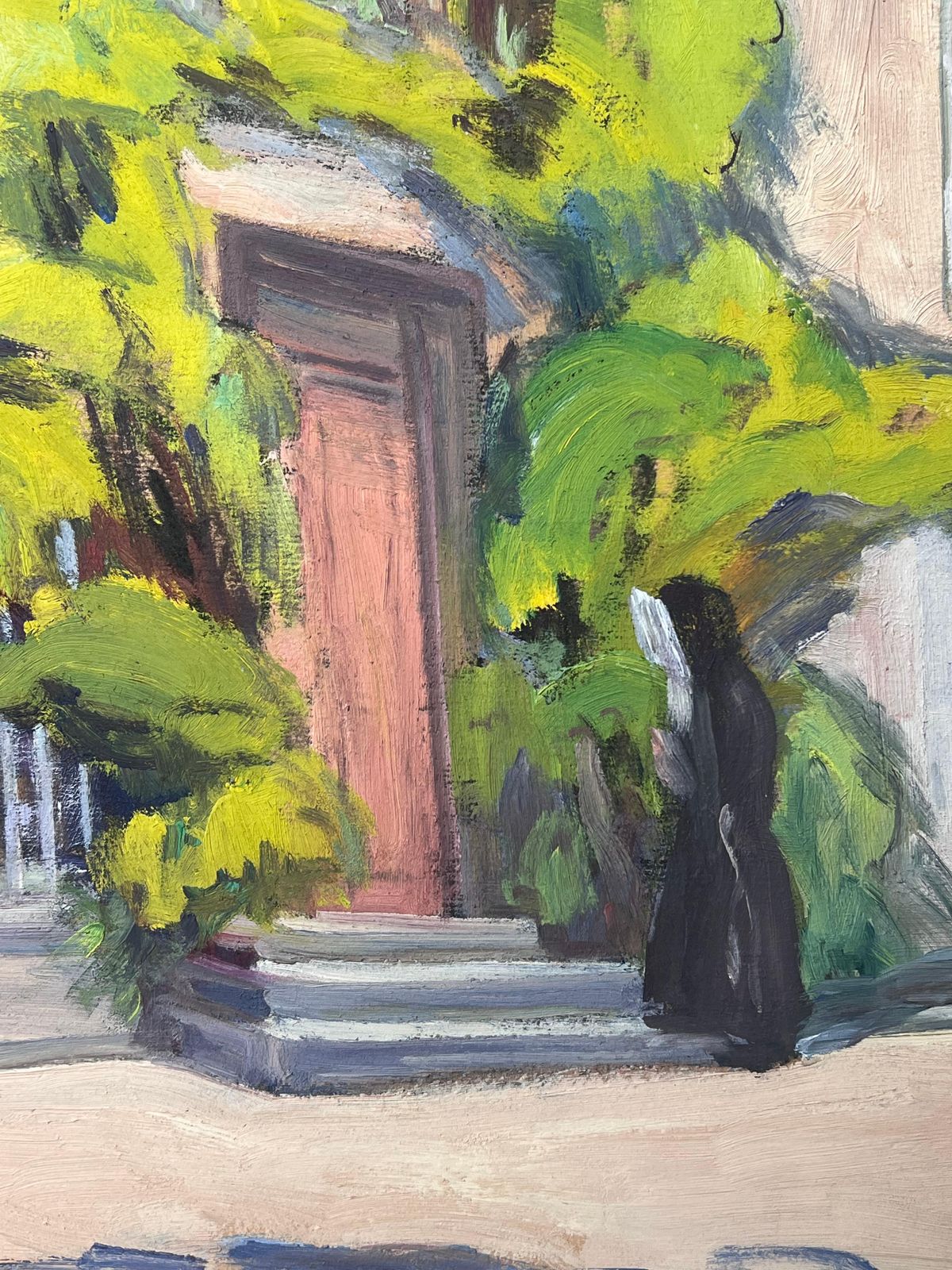 Mid Century French1950's French Signed Oil Painting Figures Outside Old Convent Doorway Lush Green1952 photo vinterior
