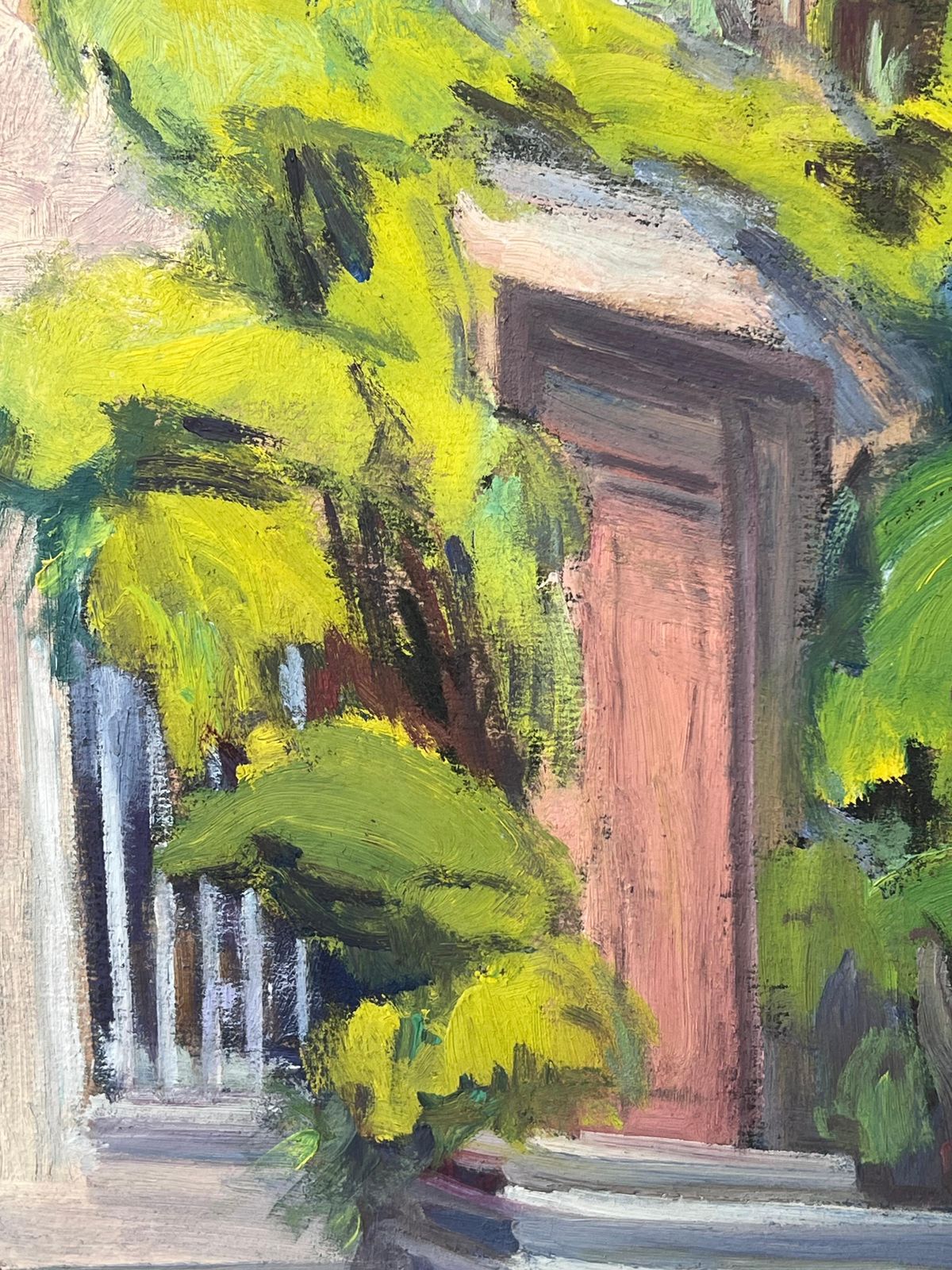 Mid Century French1950's French Signed Oil Painting Figures Outside Old Convent Doorway Lush Green1952 photo vintage
