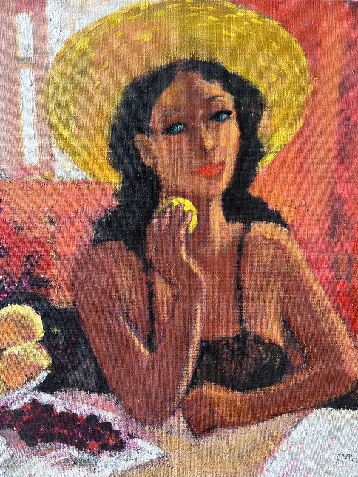 Pierre Neveufrench Post Impressionist Oil Painting Lady With Hat Eating Fruit At Table photo Art