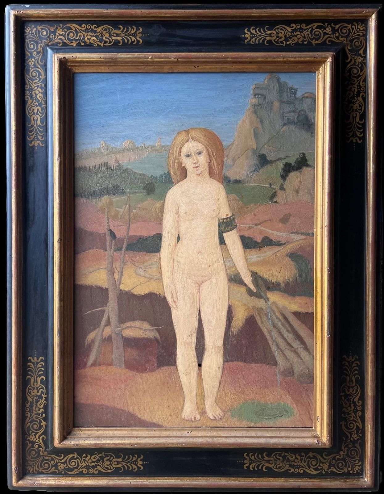 French Surrealistmid 20th Century French Surrealist Oil Painting Nude Woman Standing