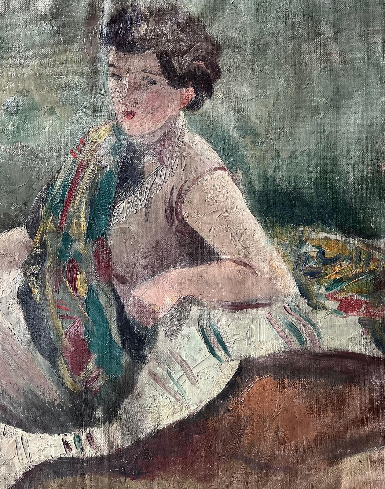 Antique French1930's French Post Impressionist Signed Portrait Lady Artists Studio Interior photo furniture