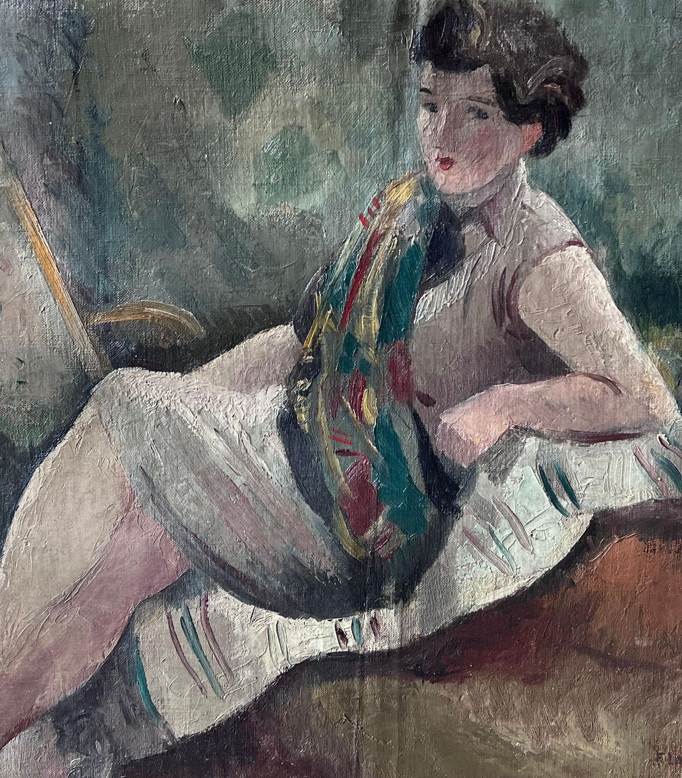 Antique French1930's French Post Impressionist Signed Portrait Lady Artists Studio Interior photo vintage