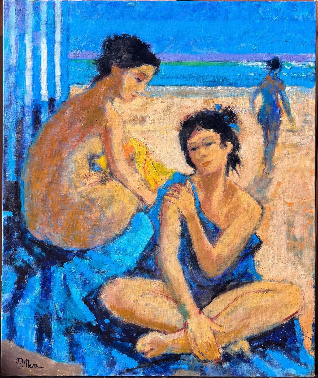 Pierre Neveucontemporary French Oil Painting Ladies On The Beach Modernist Work photo furniture