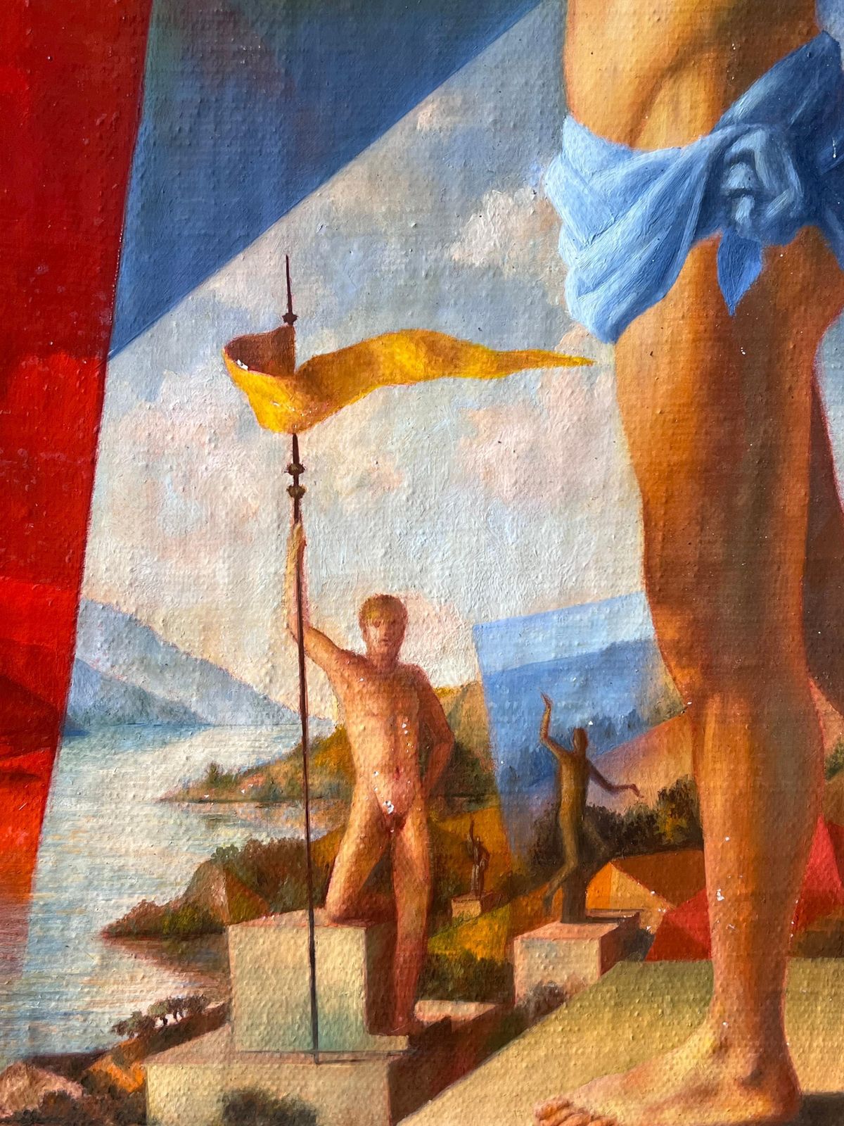 photo furniture Frenchfrench Modernist Surrealist Signed Oil Painting Semi Nude Muscular Male Athelete