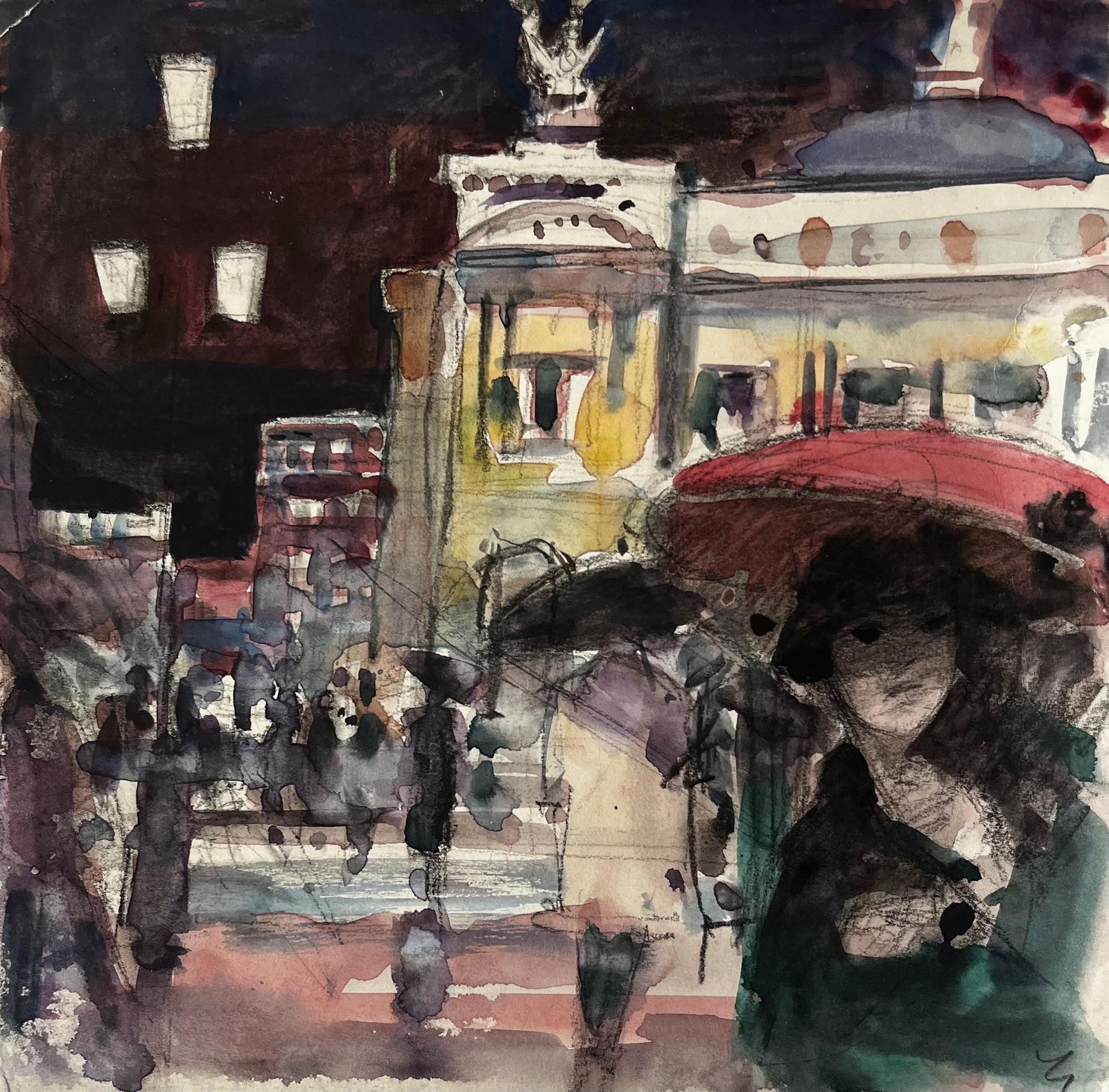 Pierre Neveuparis Street Watercolour Scene With Red Umbrella Attributed To Pierre Neveu