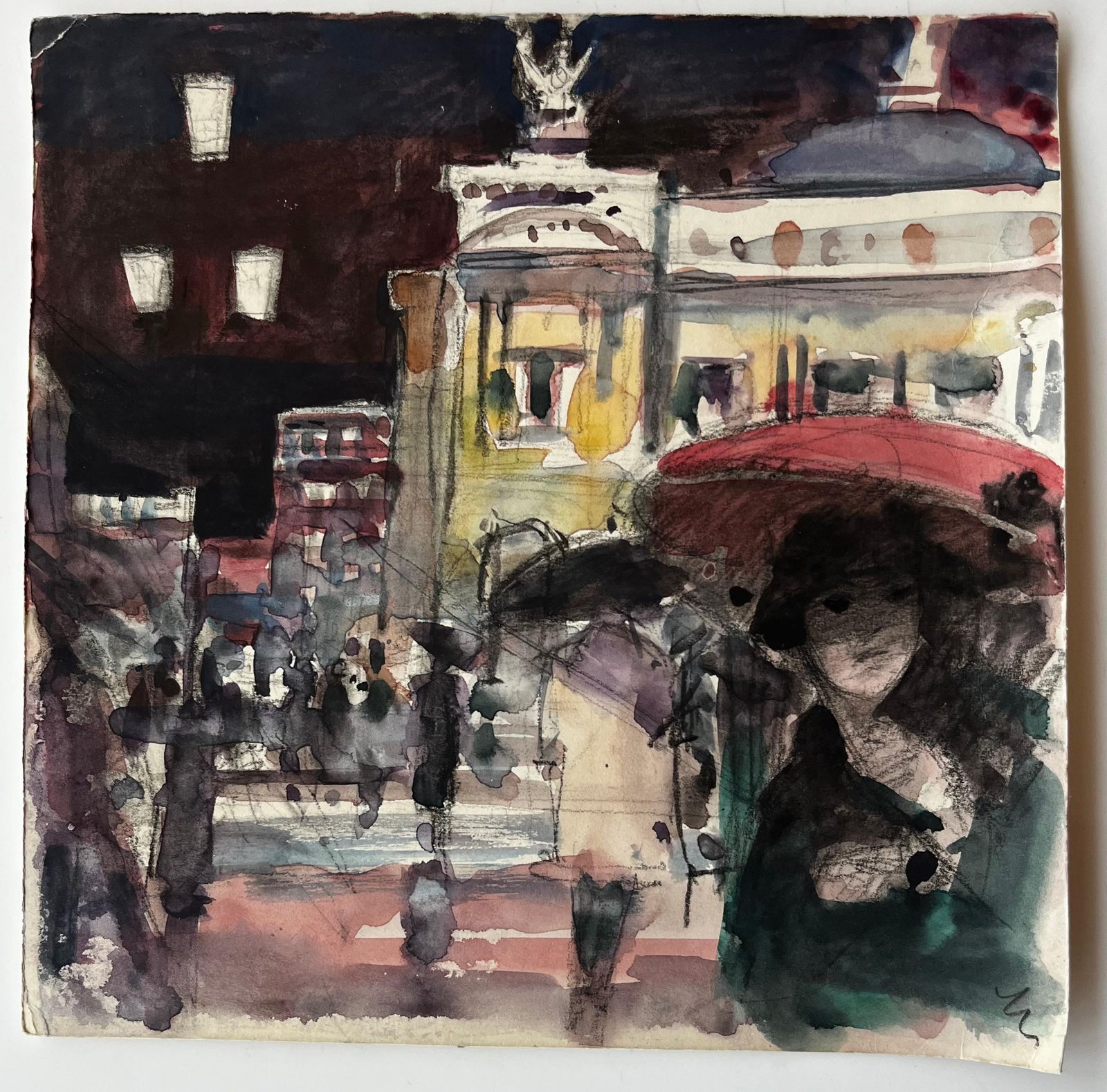 Pierre Neveuparis Street Watercolour Scene With Red Umbrella Attributed To Pierre Neveu photo furniture