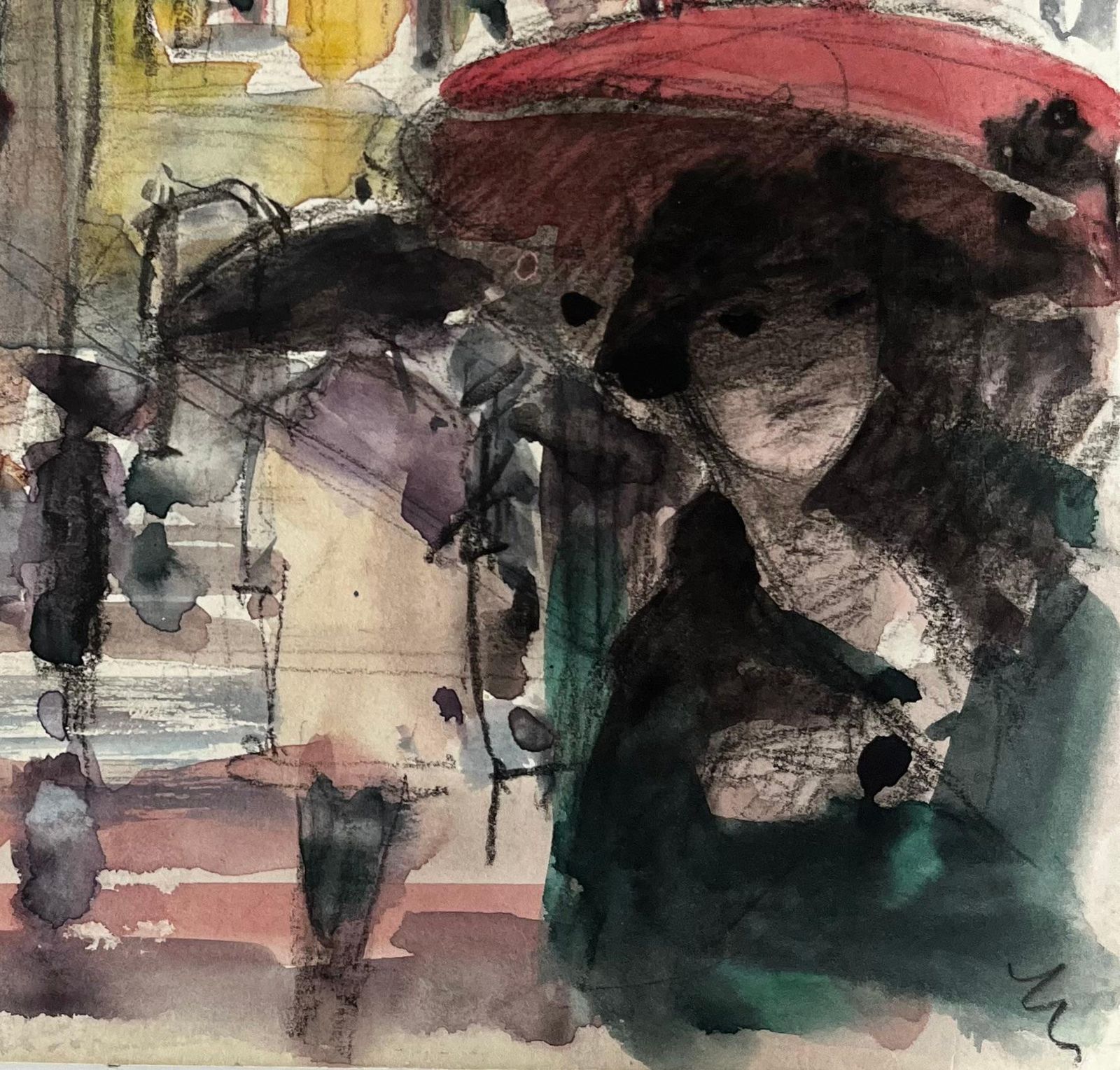 Pierre Neveuparis Street Watercolour Scene With Red Umbrella Attributed To Pierre Neveu photo 565.0