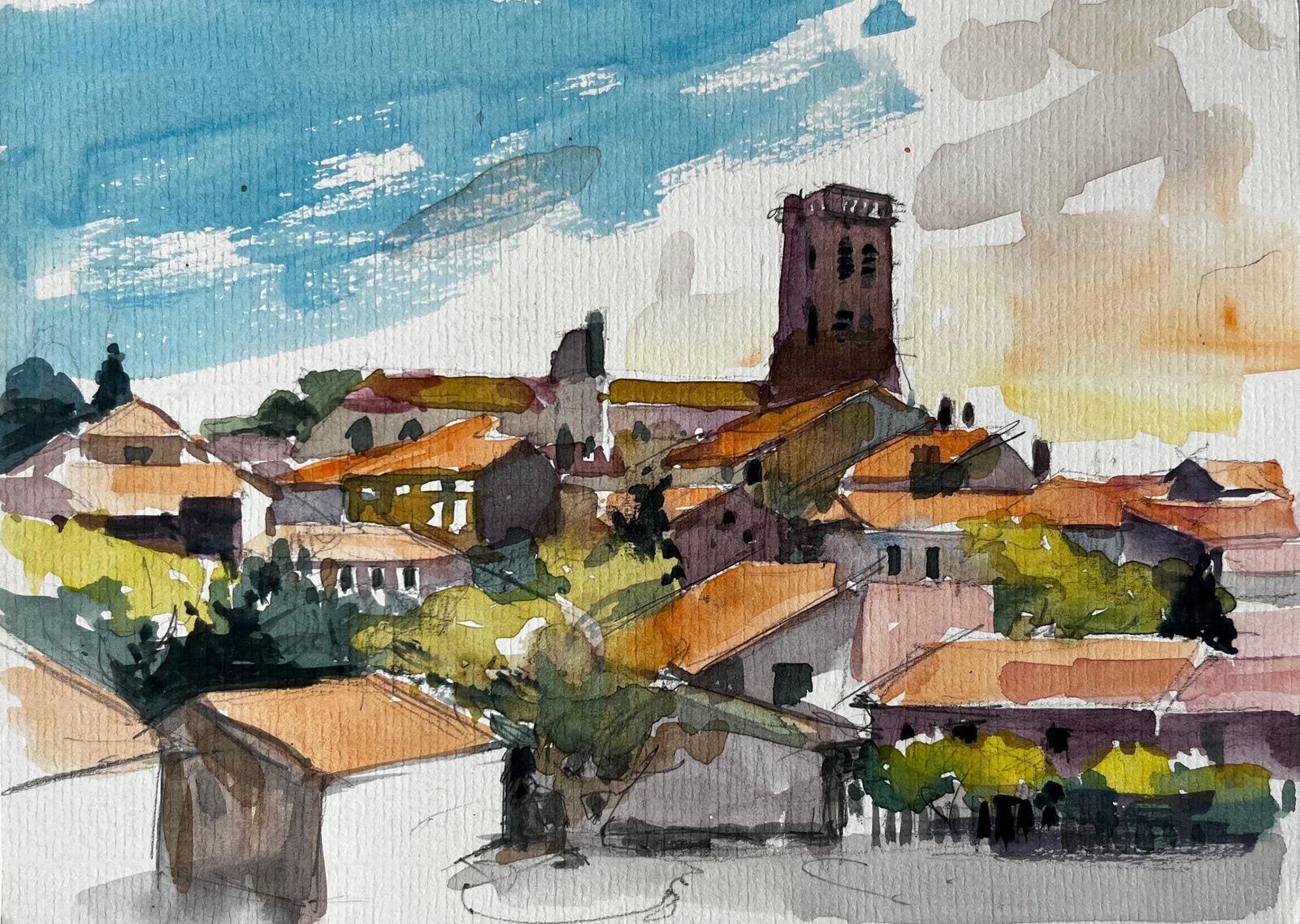Pierre Neveuhilltop Village With Church Tower And Red Tiled Roofs Provence Watercolour