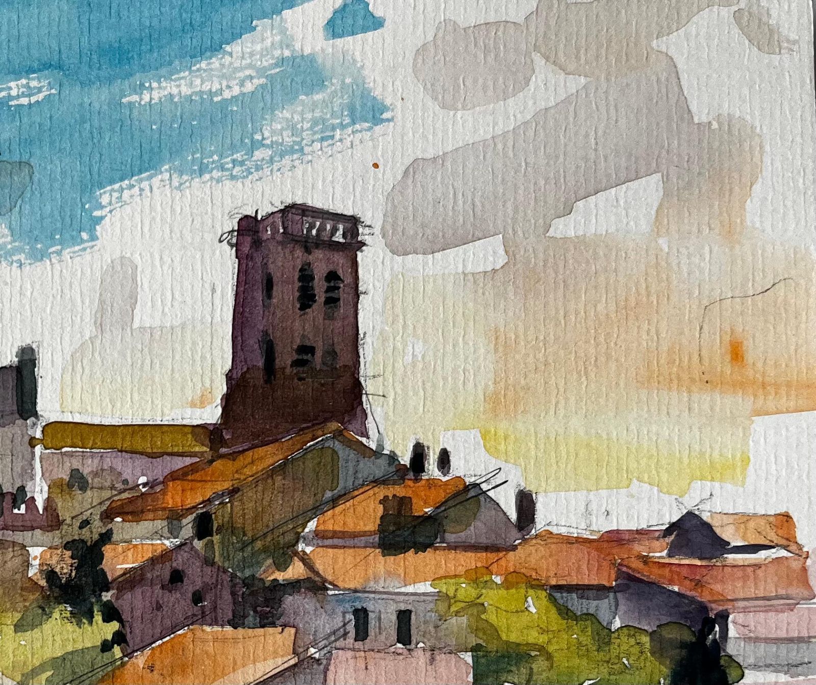 Pierre Neveuhilltop Village With Church Tower And Red Tiled Roofs Provence Watercolour photo furniture