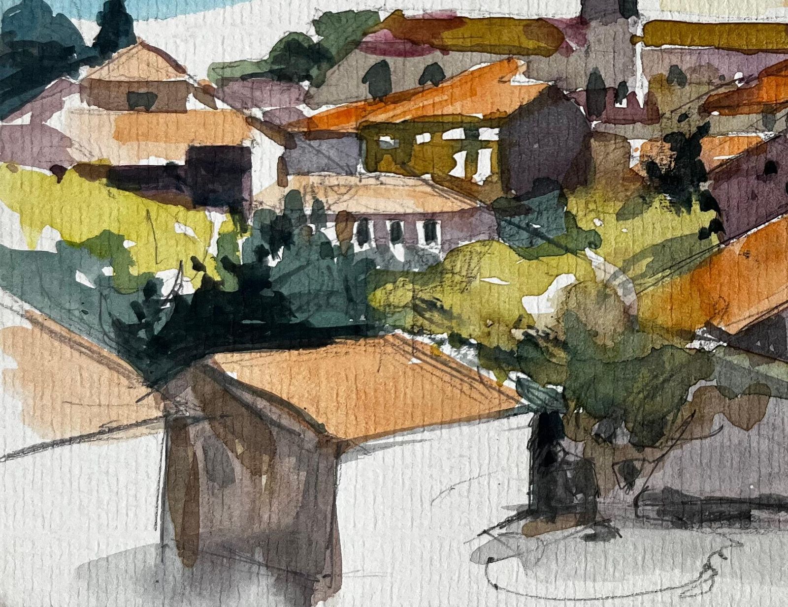 Pierre Neveuhilltop Village With Church Tower And Red Tiled Roofs Provence Watercolour photo 484.0