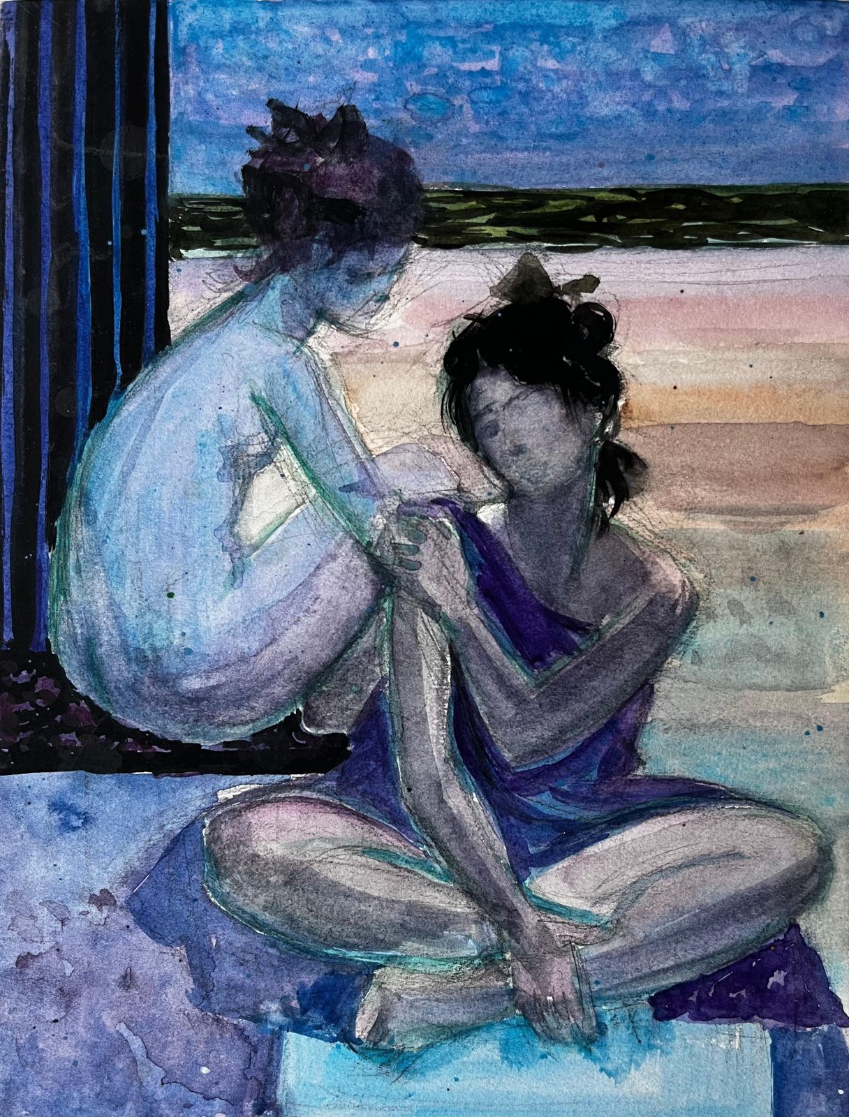 Pierre Neveuseated Figures By The Sea By Pierre Neveu French Watercolour Beach Scene