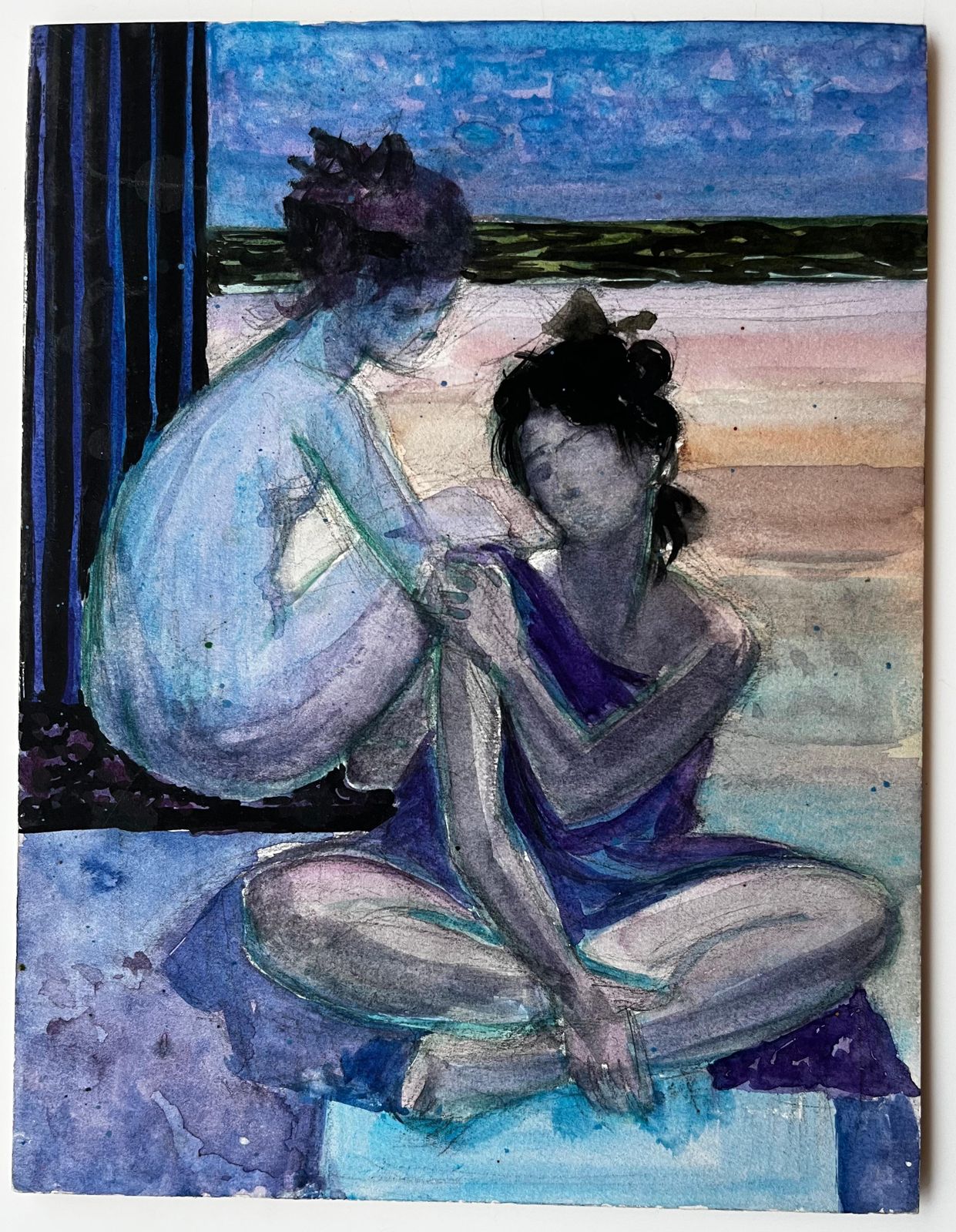 Pierre Neveuseated Figures By The Sea By Pierre Neveu French Watercolour Beach Scene photo for sale