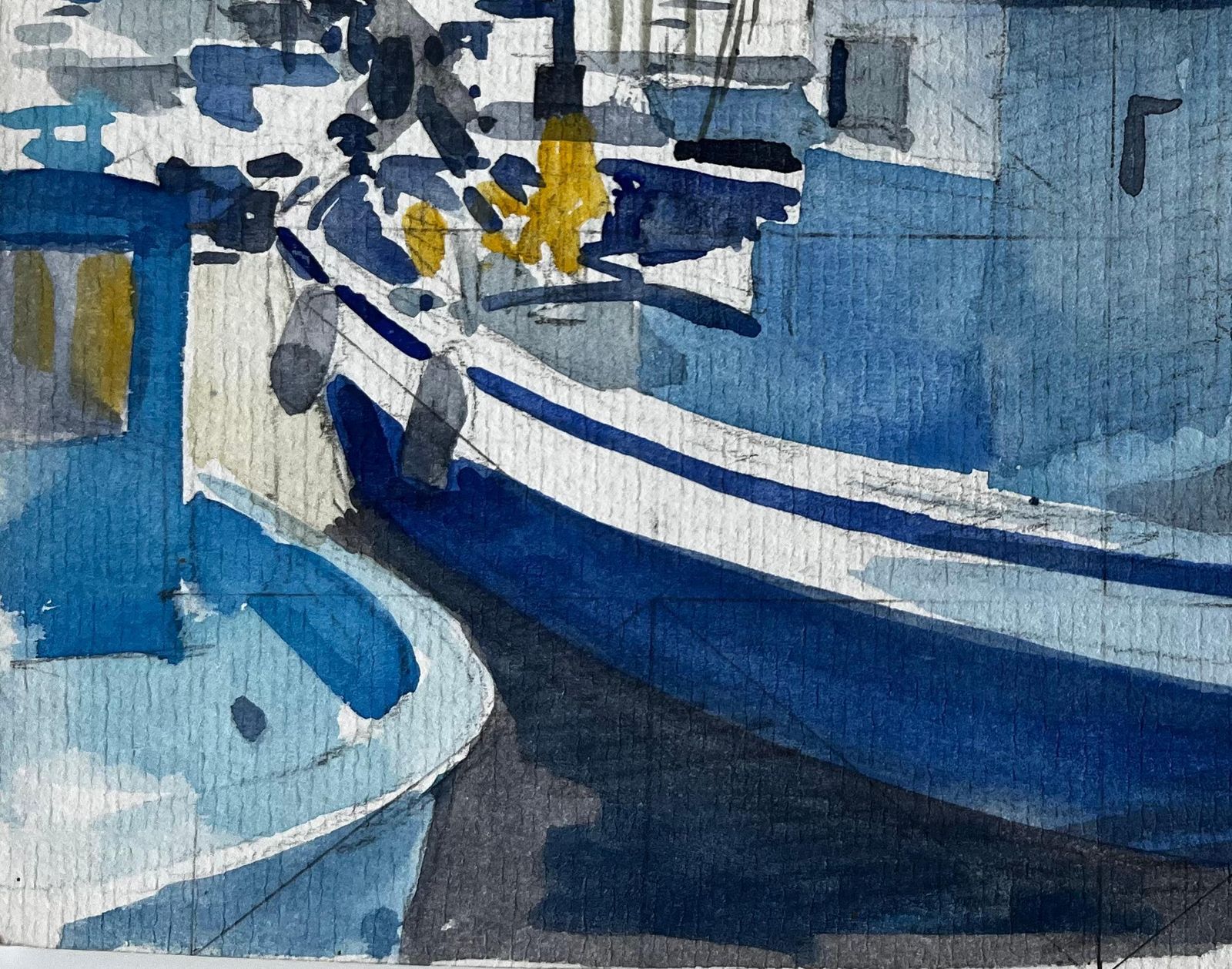 Pierre Neveumenton Harbour Scene With Blue Fishing Boats Under Morning Light Watercolour photo vinterior