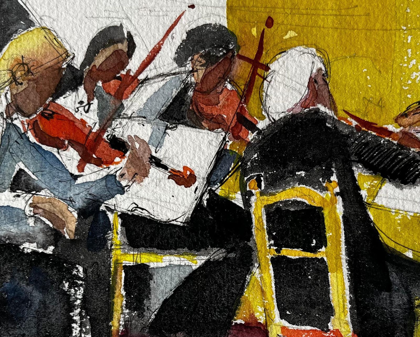 Pierre Neveuthe Orchestra Musicians Performing Violin Ensemble Scene Watercolour Painting photo 640.0