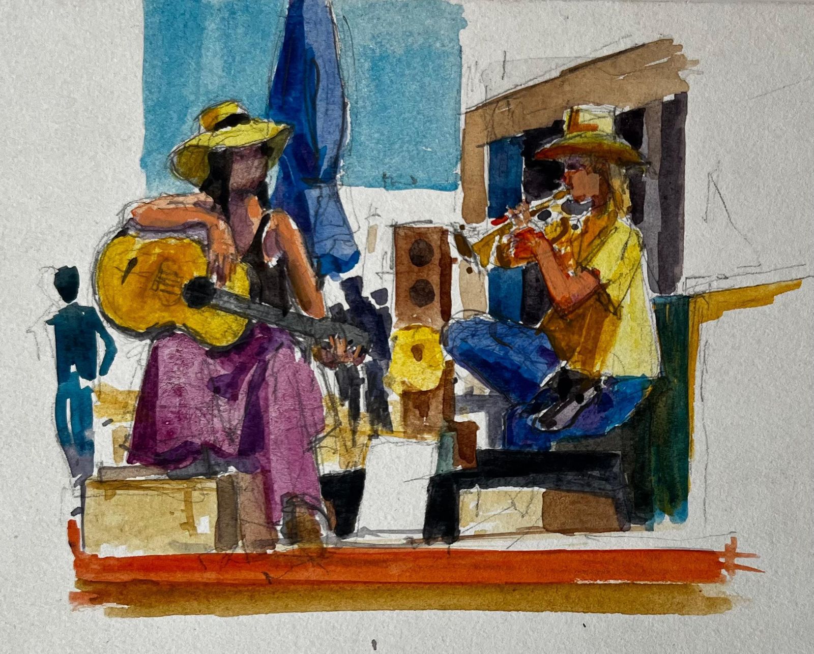 Pierre Neveustreet Musicians Performing In Summer French Watercolour Painting