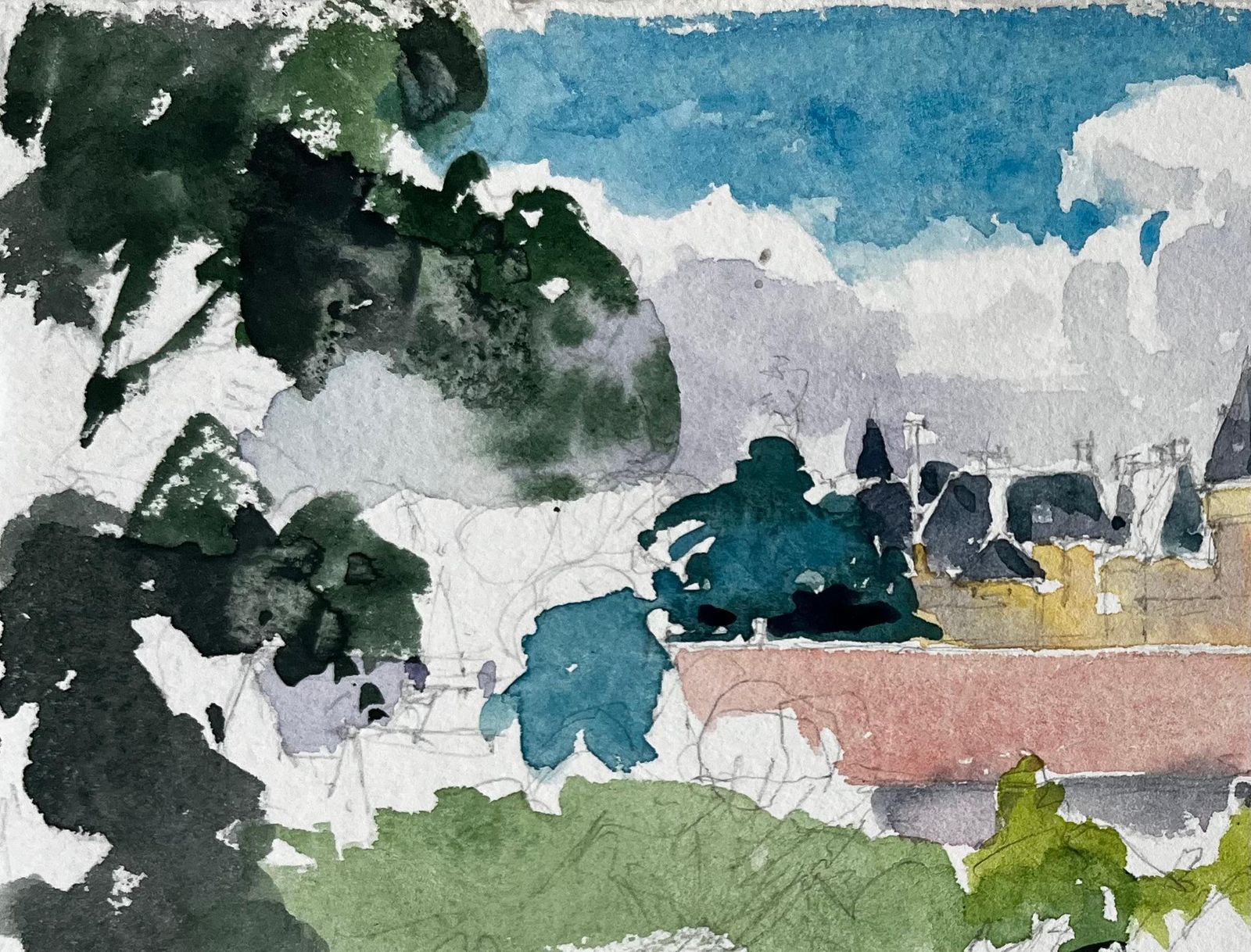 Pierre Neveufrench Château Landscape Study With Trees And Red Roofs Countryside Watercolour photo Art