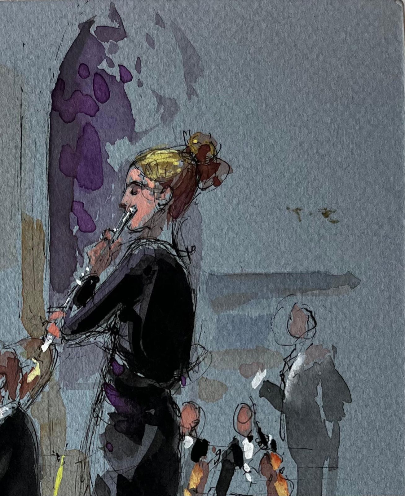 Pierre Neveuharpist And Flautist Performing By Pierre Neveu French Watercolour Music Scene photo for sale