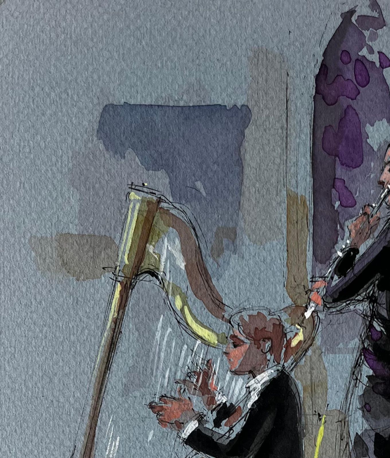 Pierre Neveuharpist And Flautist Performing By Pierre Neveu French Watercolour Music Scene photo 675.0