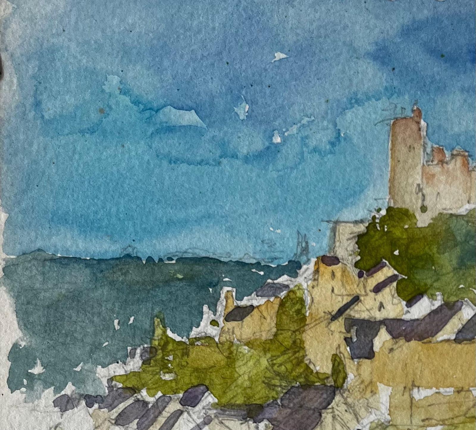 Pierre Neveunajac Village And Castle French Hilltop Landscape Watercolour Painting photo 458.0