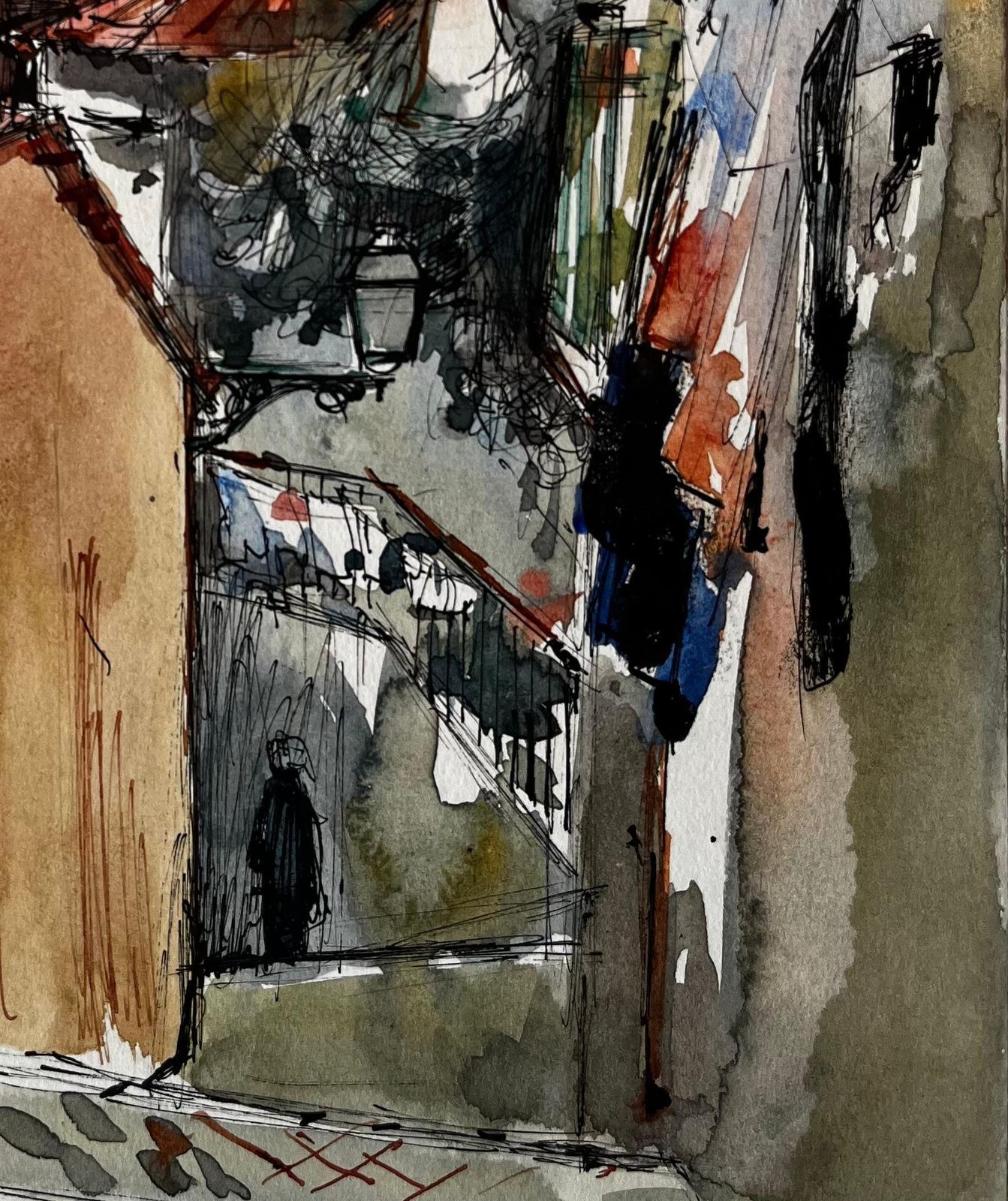 Pierre Neveusunlit Mediterranean Alleyway With Red Roofs Watercolour By Pierre Neveu photo 566.0