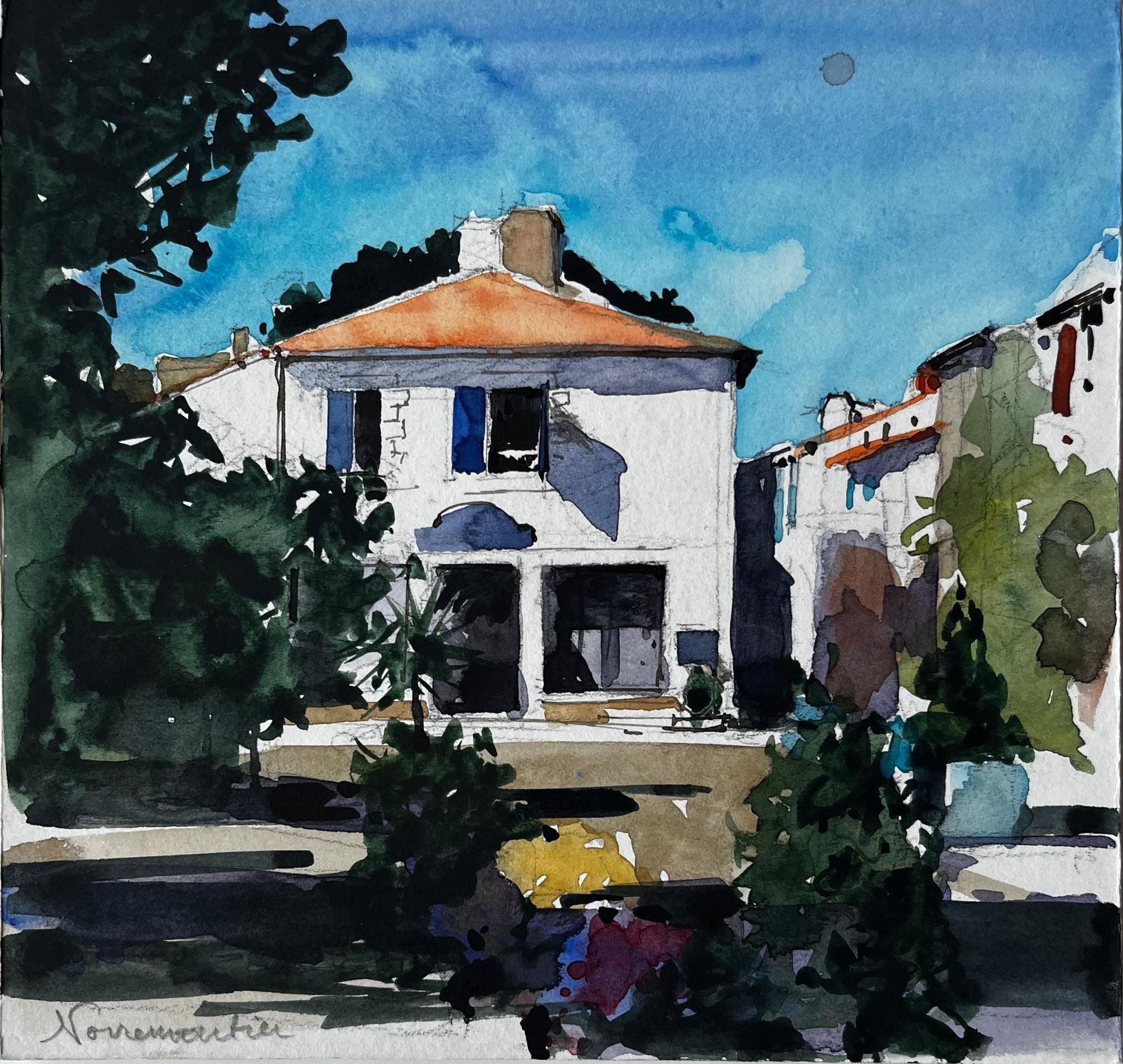 Pierre Neveunoirmoutier Village House French Coastal Landscape Watercolour Painting