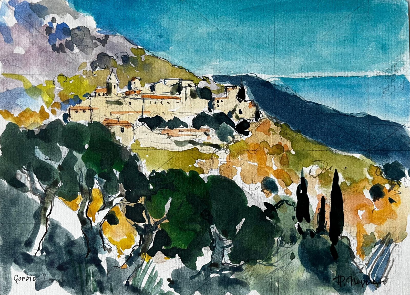 Pierre Neveugorbio Hilltop Village With Cypress Trees And Mediterranean Light Watercolour