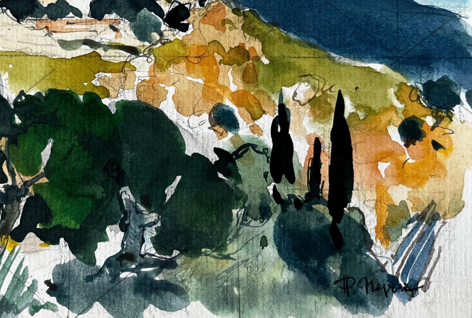 Pierre Neveugorbio Hilltop Village With Cypress Trees And Mediterranean Light Watercolour photo 550.0
