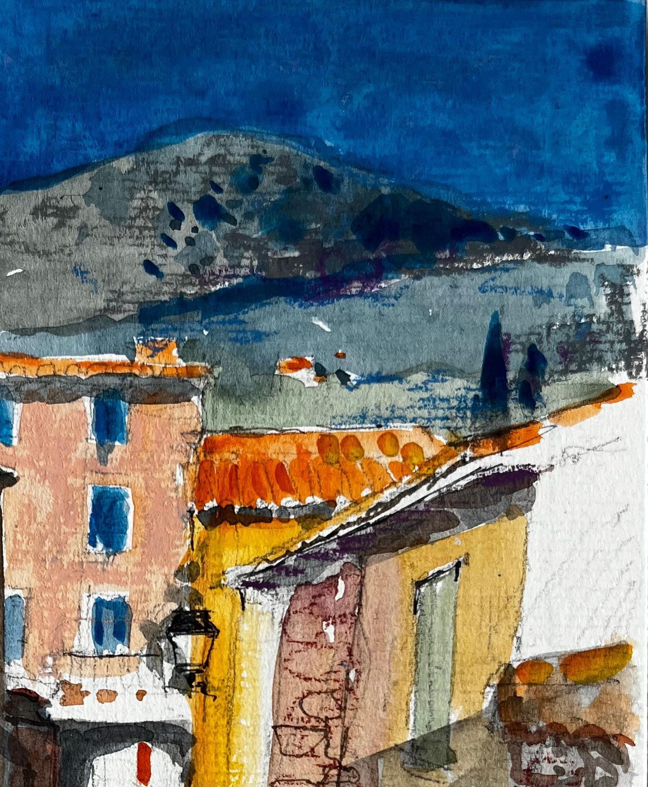 Pierre Neveusunlit Street In Gordes With Terracotta Roofs And Distant Hills Watercolour photo for sale