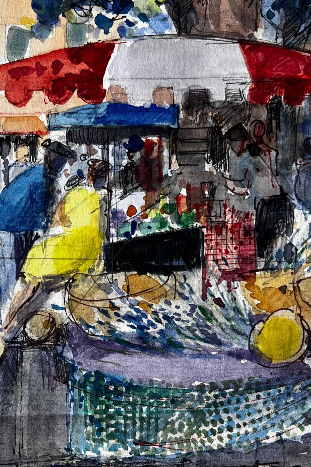 Pierre Neveuprovençal Market Watercolour Scene With Red Awnings And Figures In Summer Light photo buy