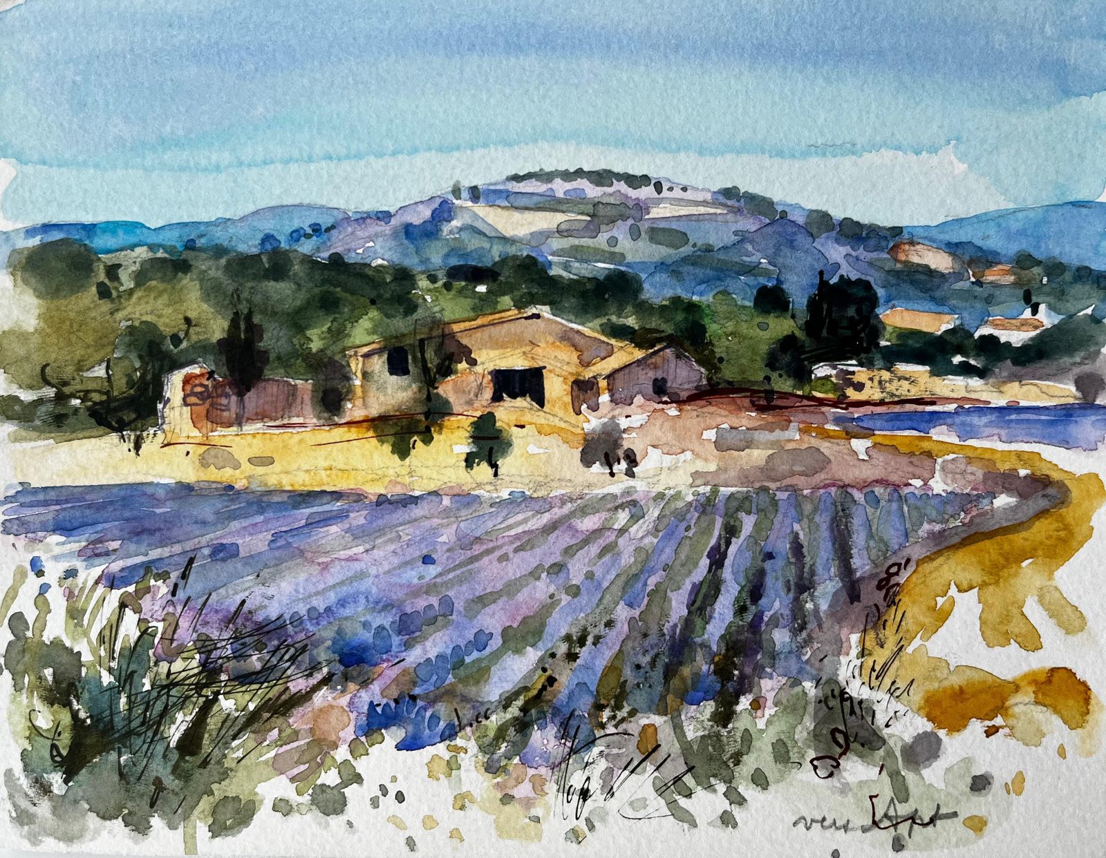Pierre Neveuprovence Lavender Fields With Stone Farmhouse And Hills French Watercolour