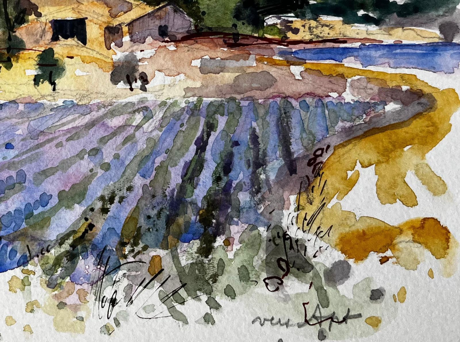 Pierre Neveuprovence Lavender Fields With Stone Farmhouse And Hills French Watercolour photo Art