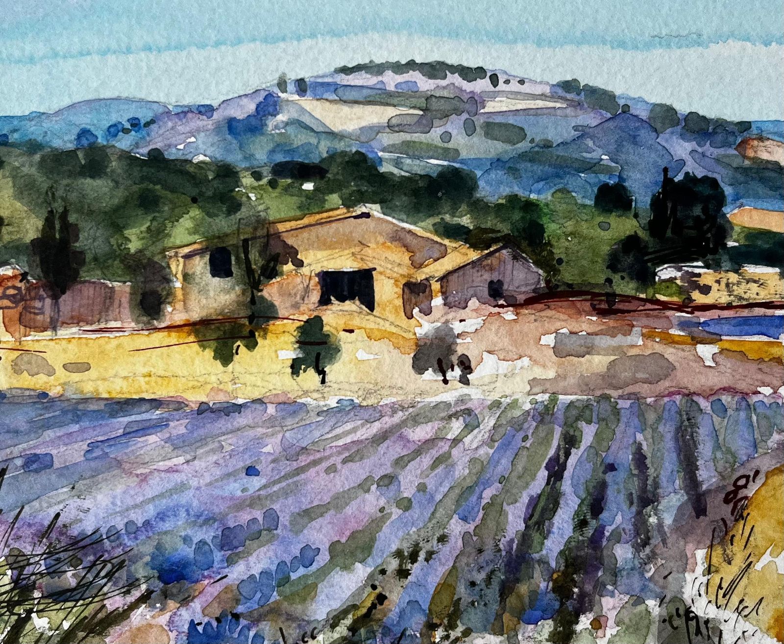 Pierre Neveuprovence Lavender Fields With Stone Farmhouse And Hills French Watercolour photo buy