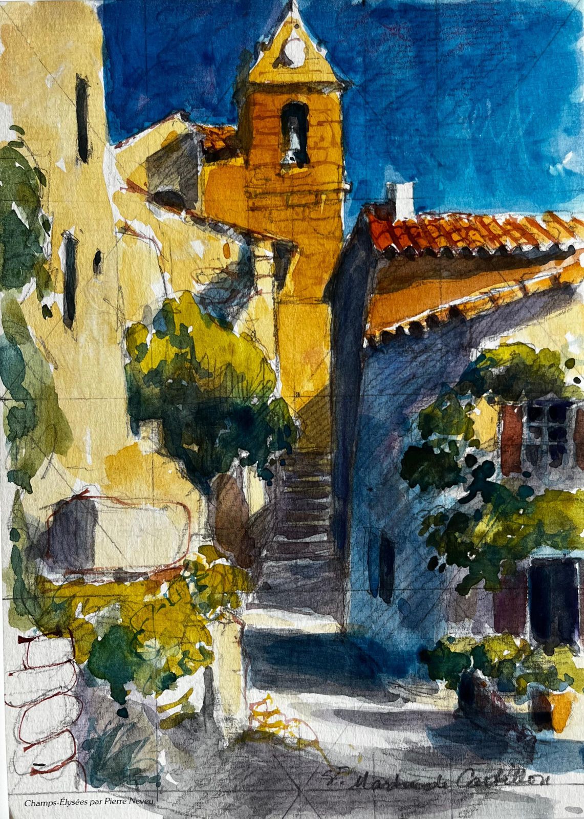 Pierre Neveusaint Marthe De Castillon Village Street With Bell Tower French Watercolour
