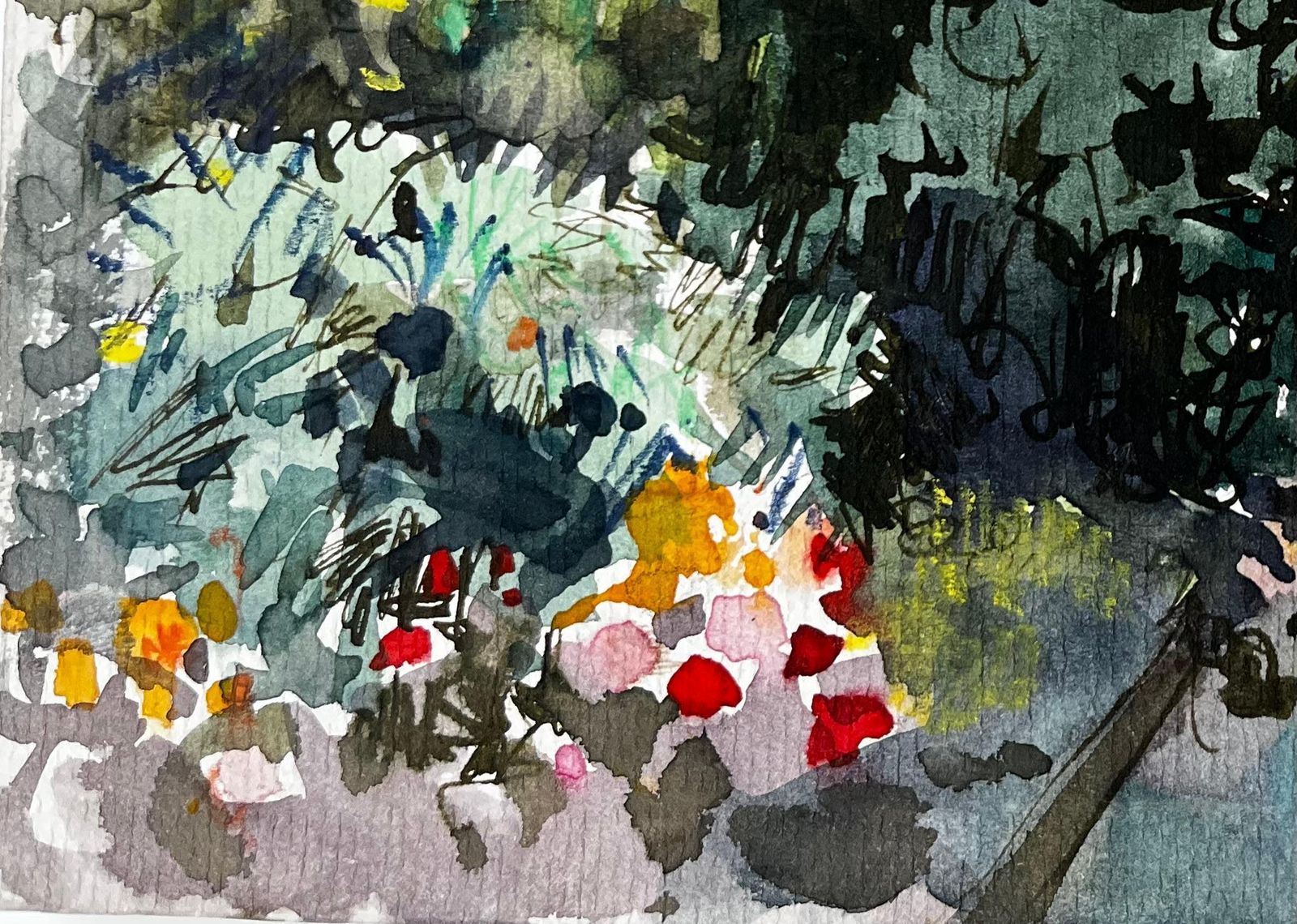 Pierre Neveusunlit Woodland Path With Flowers French Watercolour photo for sale