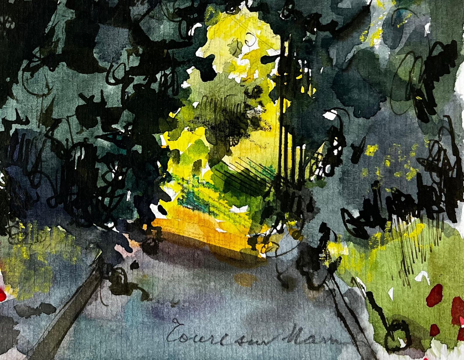 Pierre Neveusunlit Woodland Path With Flowers French Watercolour photo 500.0
