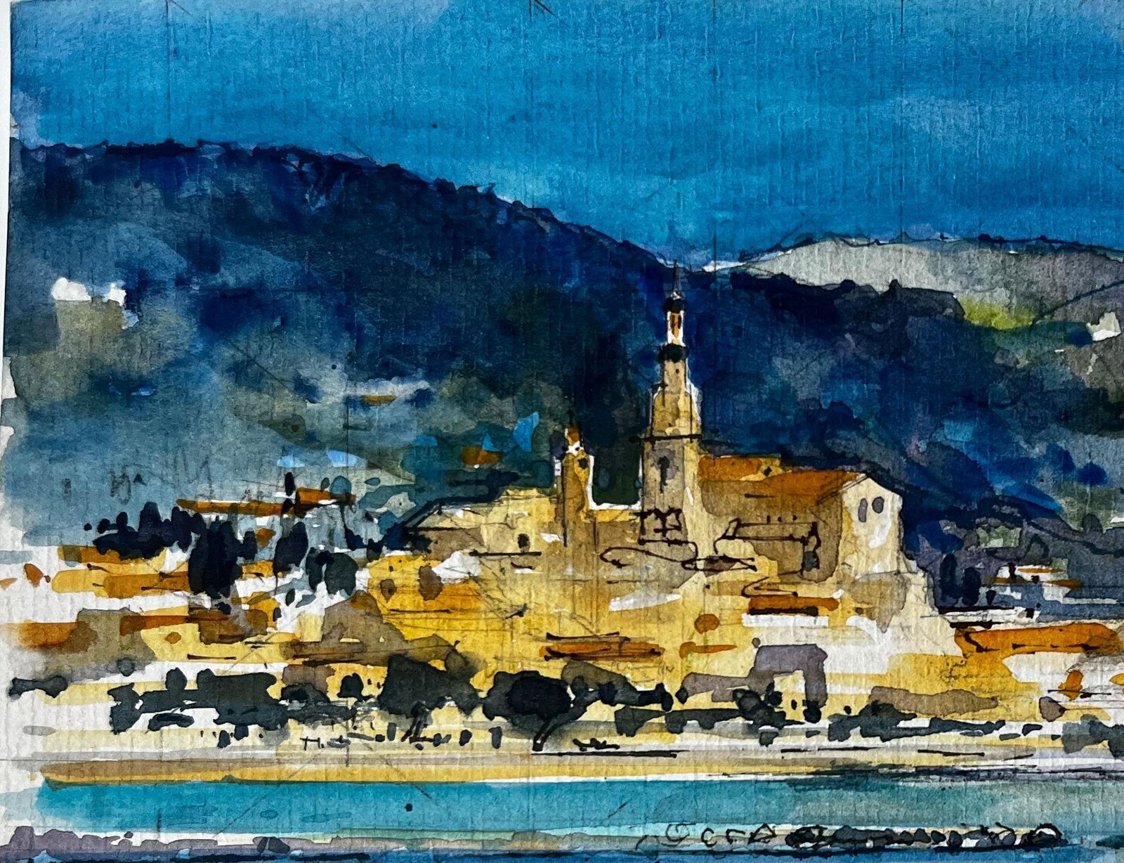 Pierre Neveumenton Coastal Townscape With Church Tower And Mediterranean Sea Watercolour photo for sale