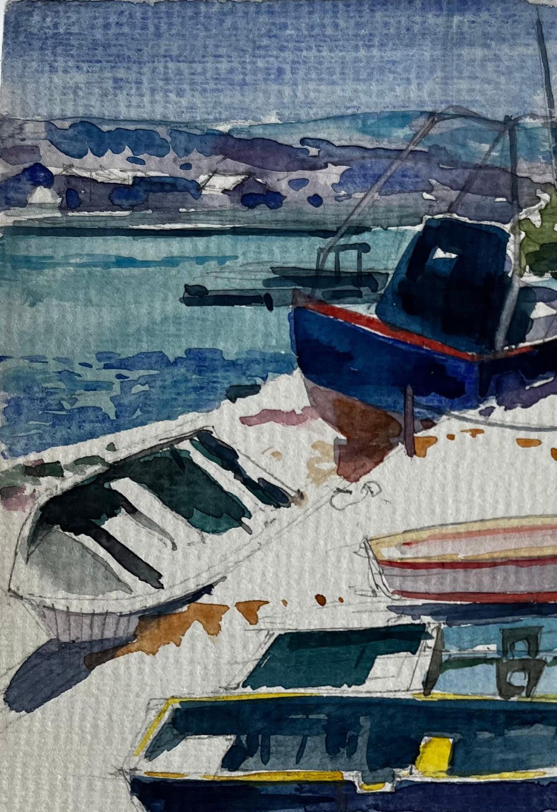 Pierre Neveubeached Fishing Boats On Mediterranean Shore Coastal Watercolour By Pierre Neveu photo Art