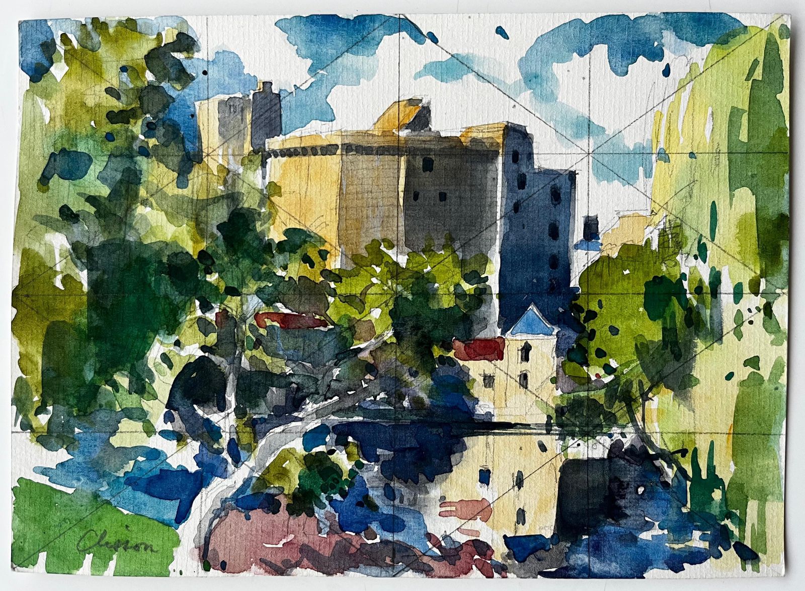 Pierre Neveuclisson Riverside Townscape With Castle And Reflections French Watercolour Paint photo furniture