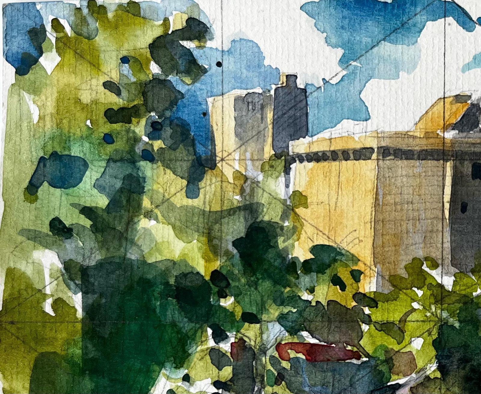 Pierre Neveuclisson Riverside Townscape With Castle And Reflections French Watercolour Paint photo Art