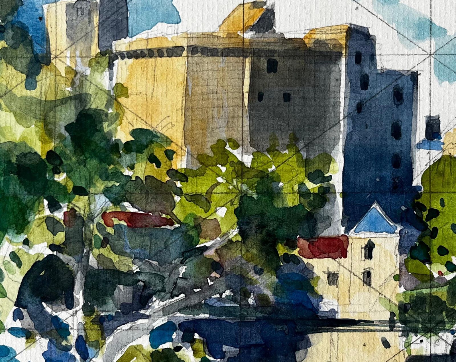 Pierre Neveuclisson Riverside Townscape With Castle And Reflections French Watercolour Paint photo buy