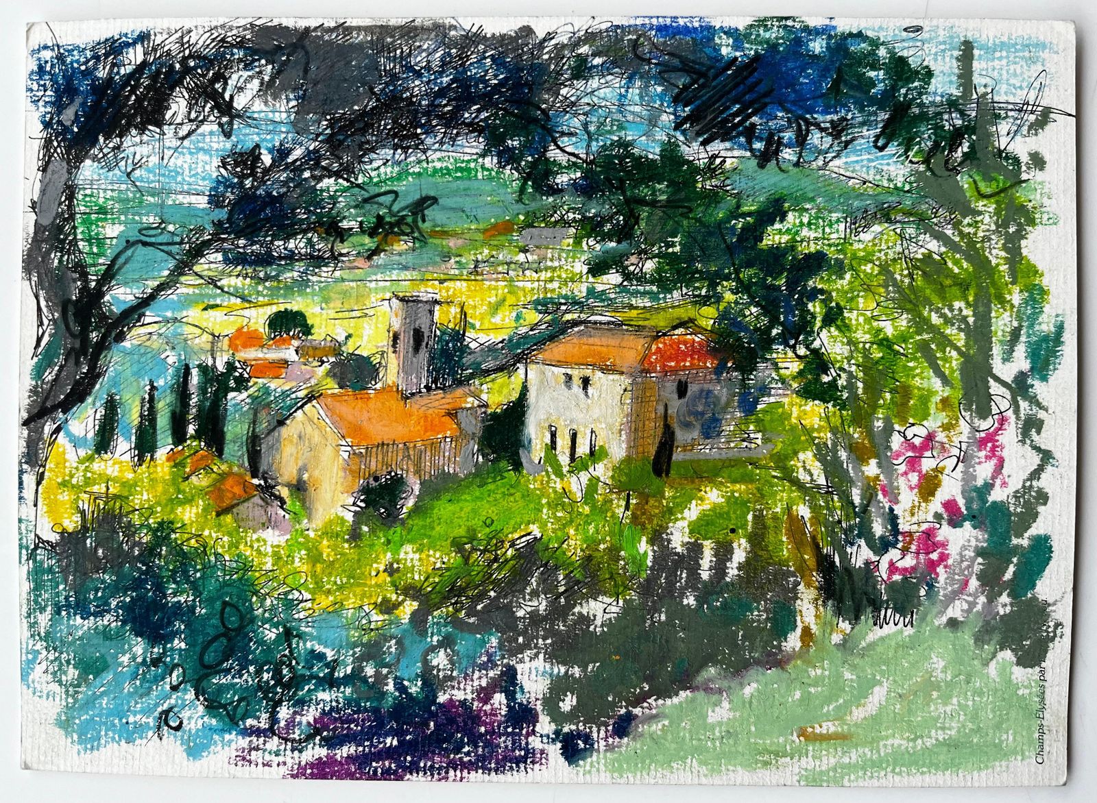 Pierre Neveuprovençal Village Landscape With Red Roofs And Cypress Trees Pastel Drawing photo furniture