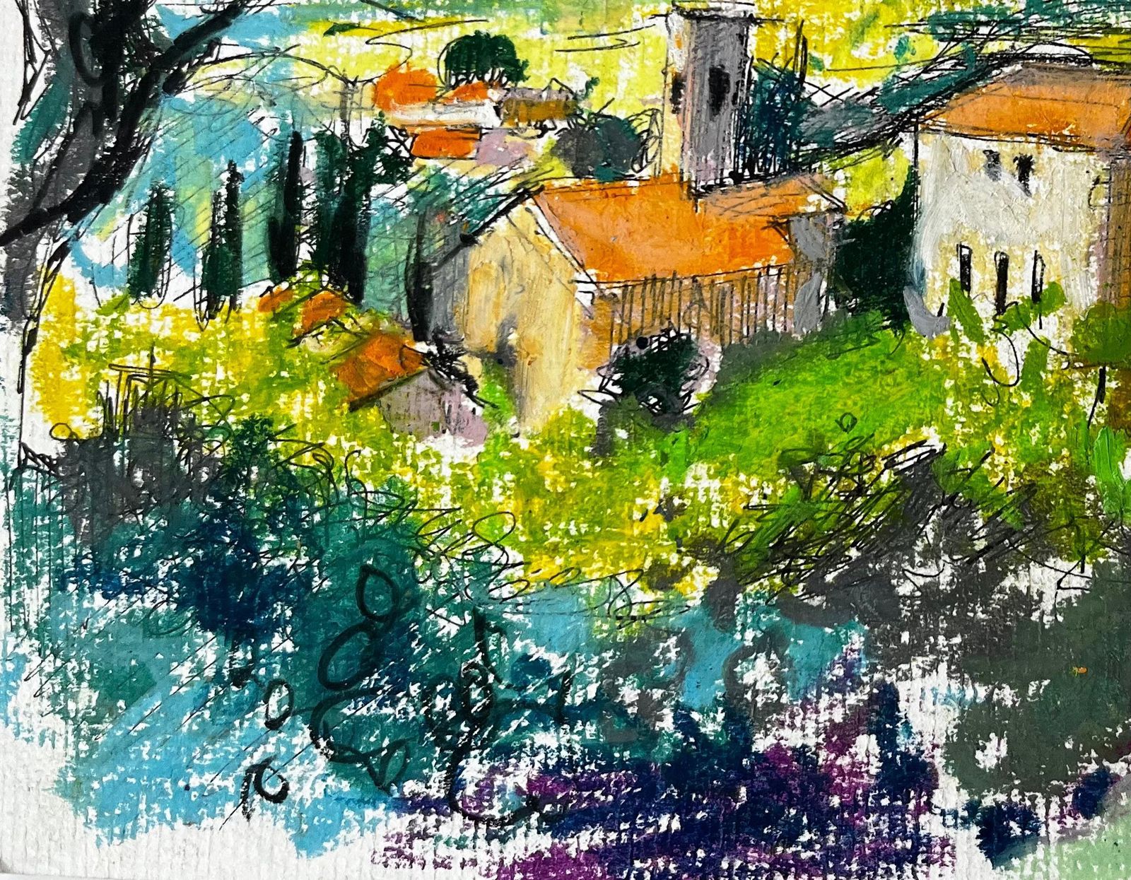 Pierre Neveuprovençal Village Landscape With Red Roofs And Cypress Trees Pastel Drawing photo Art