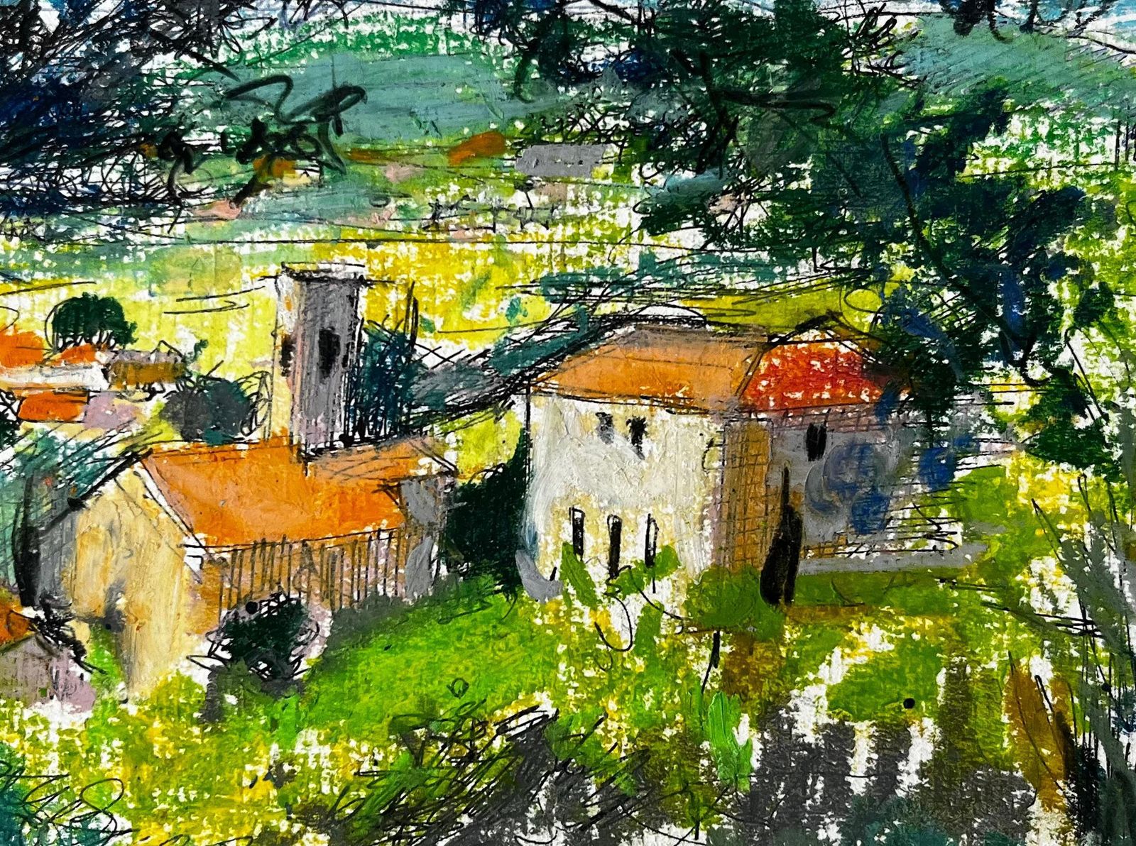 Pierre Neveuprovençal Village Landscape With Red Roofs And Cypress Trees Pastel Drawing photo buy