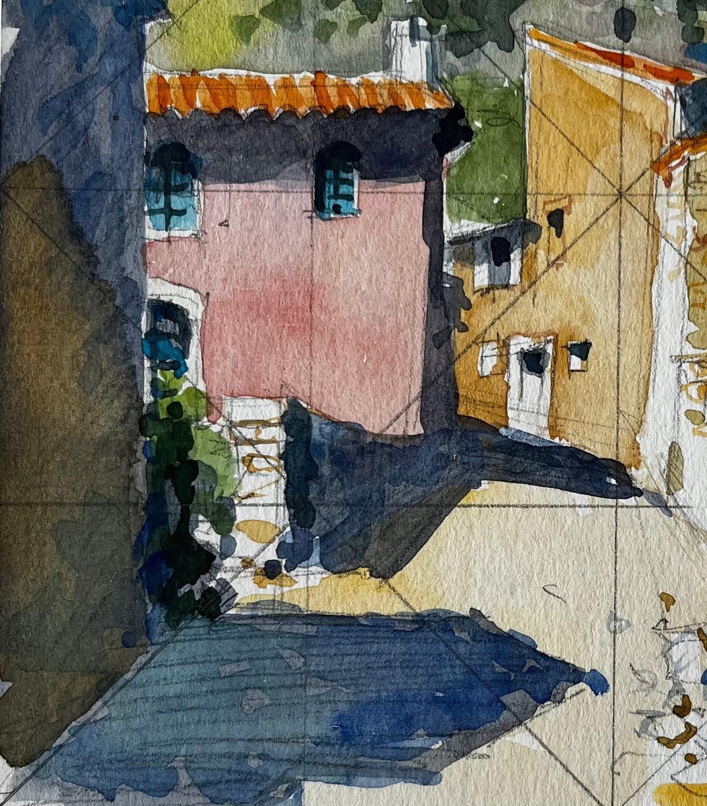 Pierre Neveurustrel Village Street With Stone Steps And Colourful Houses French Watercolour photo furniture